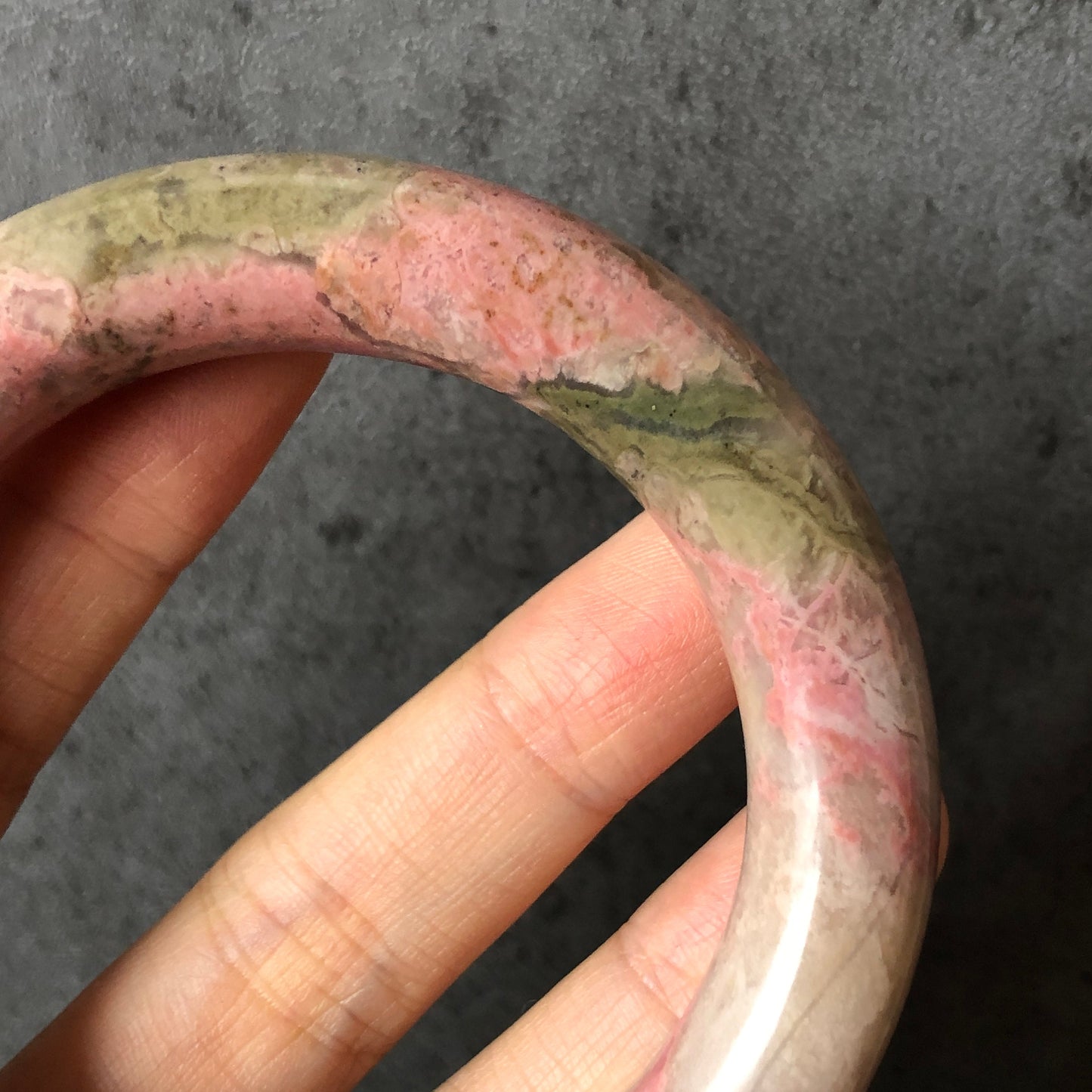 56mm Natural Rhodonite Stone Bangle Bracelet | Tinker Bell | Milky Pink & Green | Real Crystal Gemstone Bangle | Healing Stone Gift for her | Rock Bangle | Vintage Style Bangle | Baby Pink Bracelet | Antique Bangle