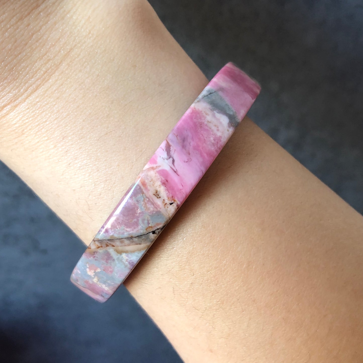 52.3mm Natural Pink Rhodonite Stone Bangle Bracelet | Baby Whale | Pink & Blue | Crystal Bangle Raw Gemstone Bracelet | Healing Crystal Gift