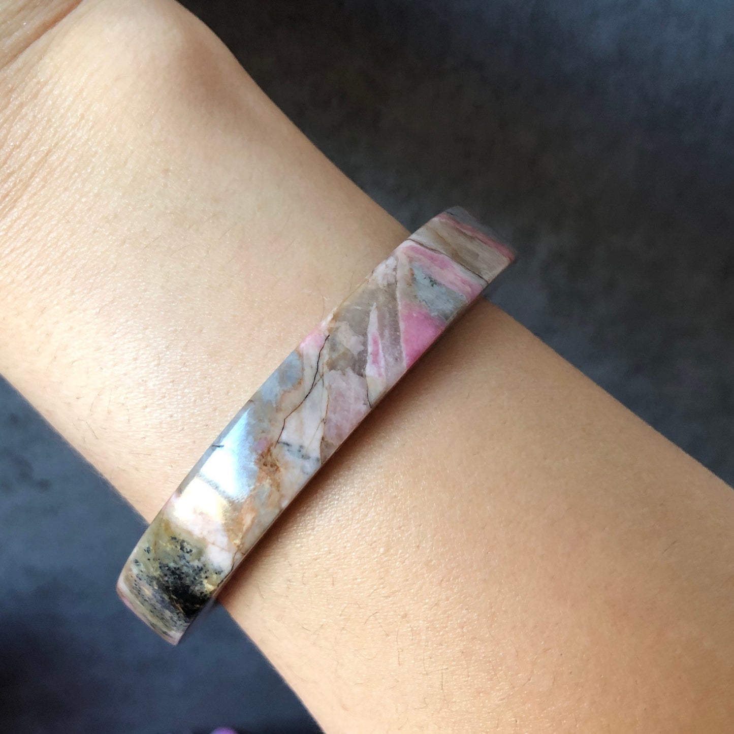 52.3mm Natural Pink Rhodonite Stone Bangle Bracelet | Baby Whale | Pink & Blue | Crystal Bangle Raw Gemstone Bracelet | Healing Crystal Gift