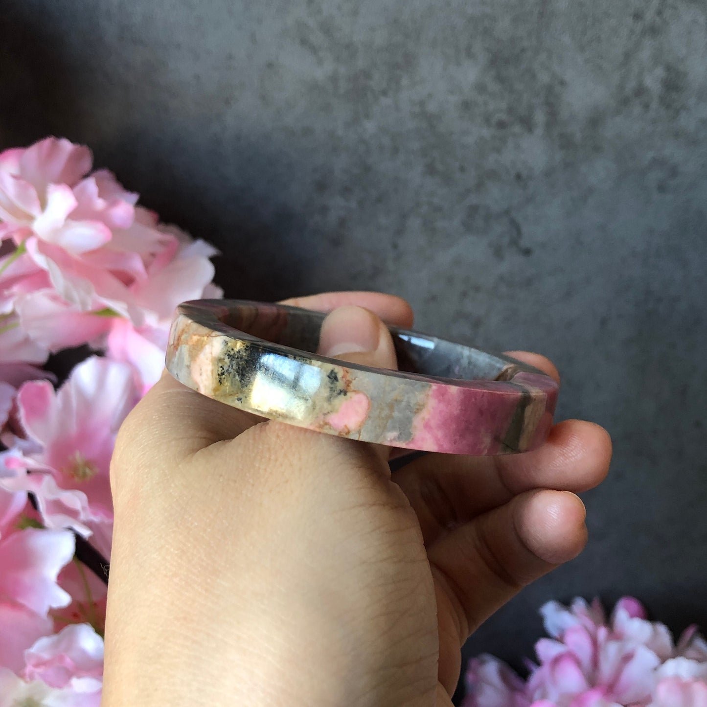 52.3mm Natural Pink Rhodonite Stone Bangle Bracelet | Baby Whale | Pink & Blue | Crystal Bangle Raw Gemstone Bracelet | Healing Crystal Gift