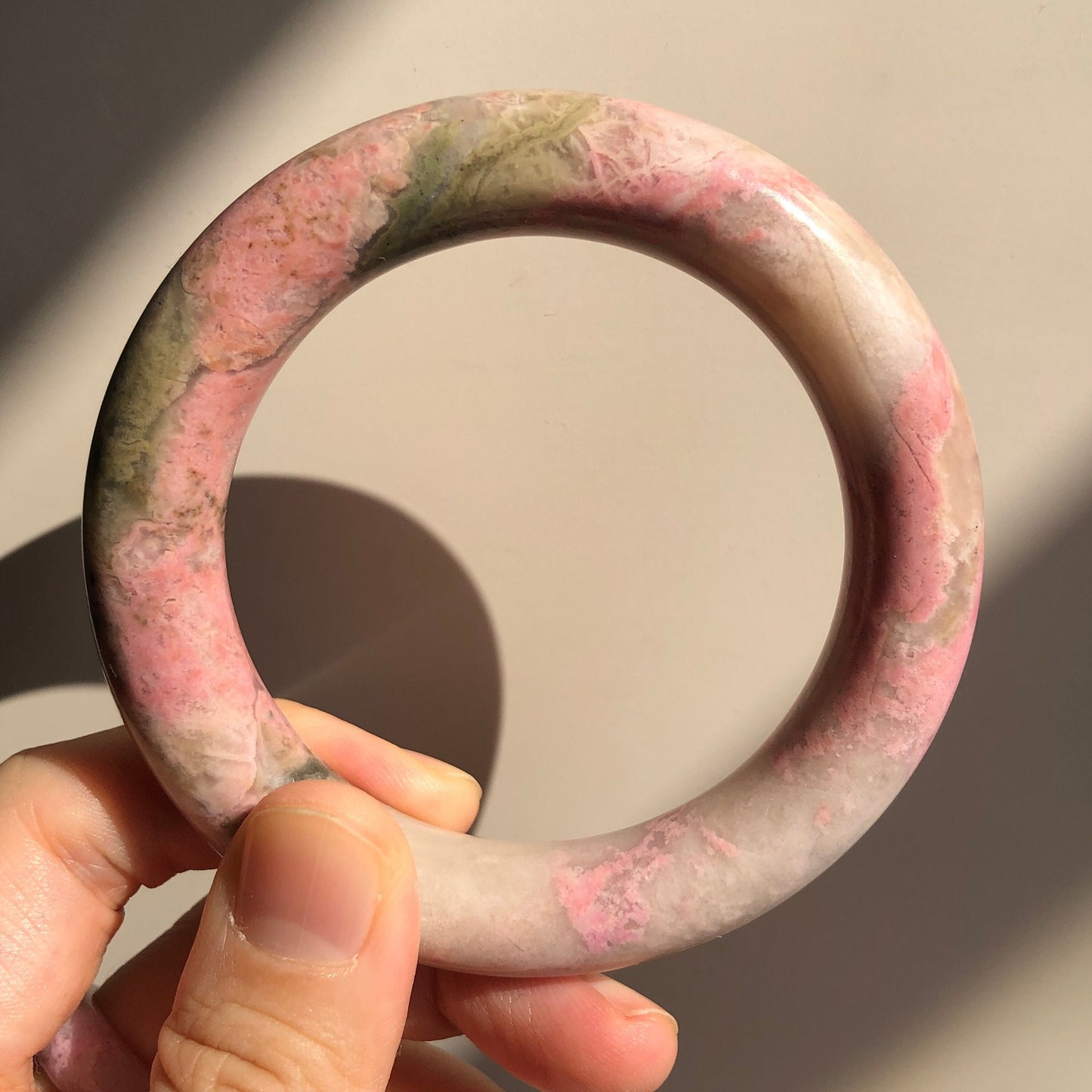 56mm Natural Rhodonite Stone Bangle Bracelet | Tinker Bell | Milky Pink & Green | Real Crystal Gemstone Bangle | Healing Stone Gift for her | Rock Bangle | Vintage Style Bangle | Baby Pink Bracelet | Antique Bangle