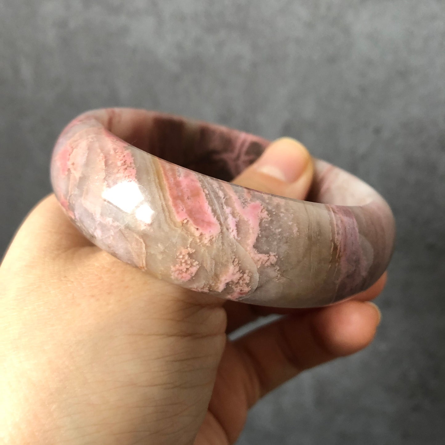 58.5mm Natural Rhodonite Stone Bangle Bracelet| Purple Rain | Icy purple pink | exclamation mark | Wide Crystal Bangle Big Gemstone Jewelry