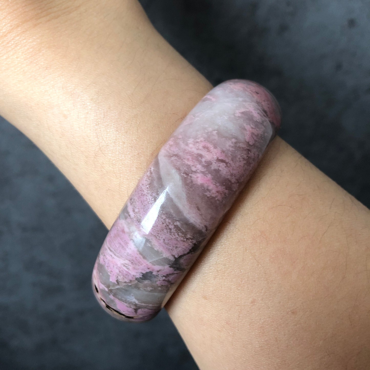 58.5mm Natural Rhodonite Stone Bangle Bracelet| Purple Rain | Icy purple pink | exclamation mark | Wide Crystal Bangle Big Gemstone Jewelry