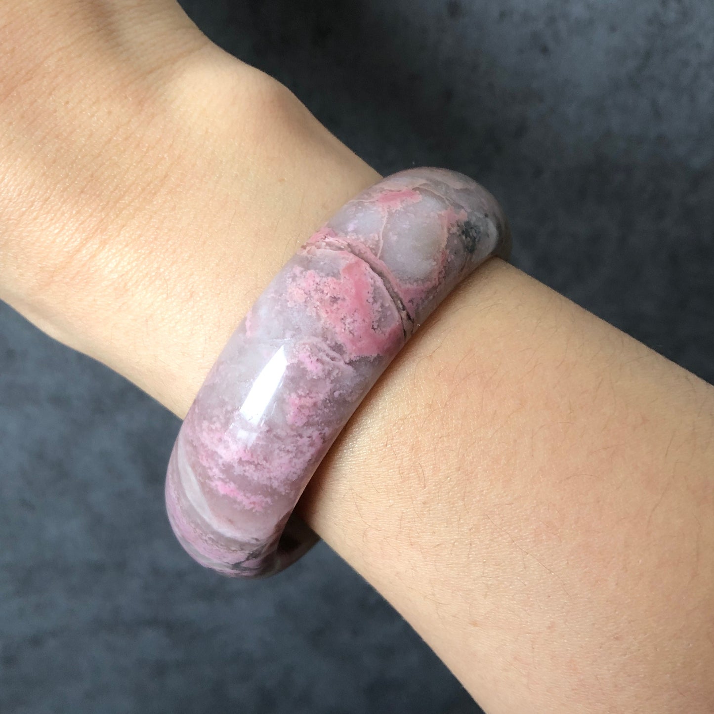 58.5mm Natural Rhodonite Stone Bangle Bracelet| Purple Rain | Icy purple pink | exclamation mark | Wide Crystal Bangle Big Gemstone Jewelry
