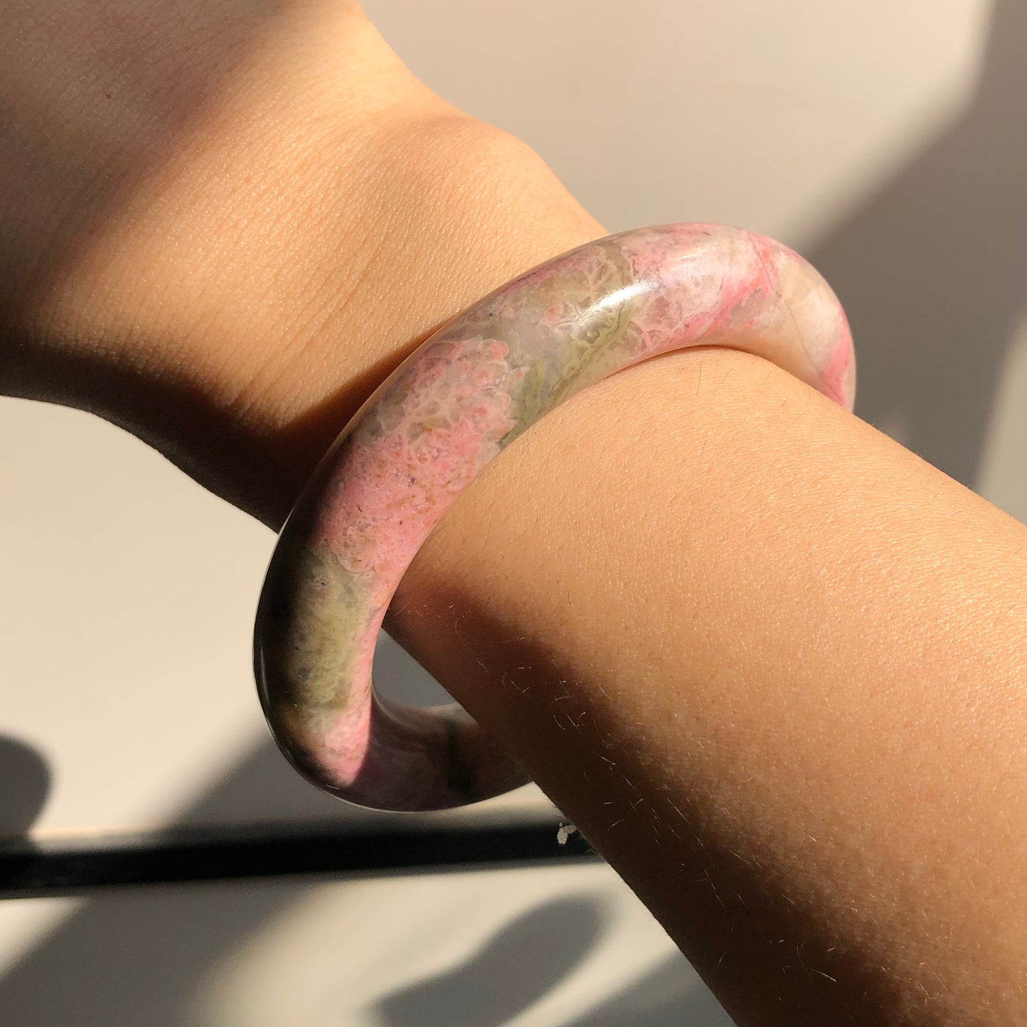 56mm Natural Rhodonite Stone Bangle Bracelet | Tinker Bell | Milky Pink & Green | Real Crystal Gemstone Bangle | Healing Stone Gift for her | Rock Bangle | Vintage Style Bangle | Baby Pink Bracelet | Antique Bangle