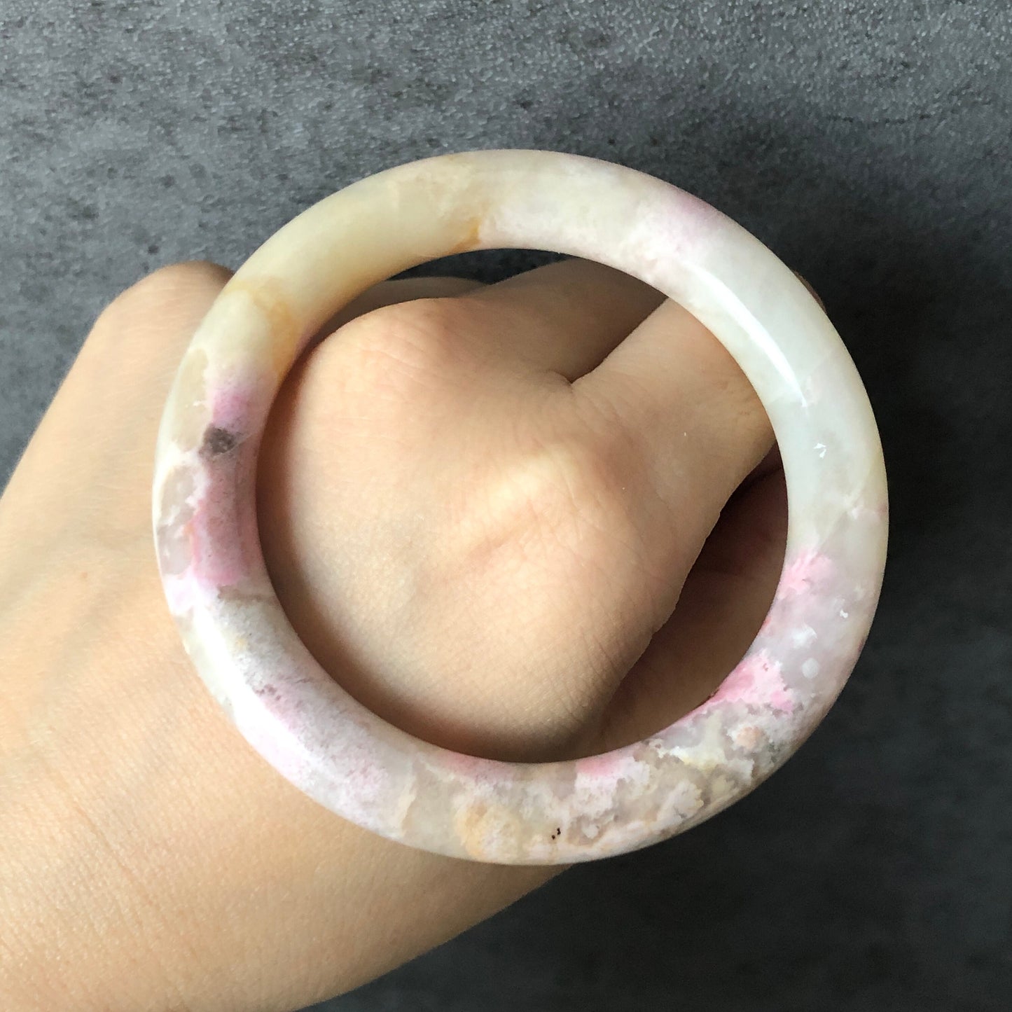 52.8mm Natural Rhodonite Bangle | Ice Queen | Raw Stone Bracelet | Healing Stone Gift for her | Rhodonite Jewelry for Women | Gemstone Gift, white stone bangle, pink stone bangle, raw crystal bangle, love stone jewelry, small size bangle