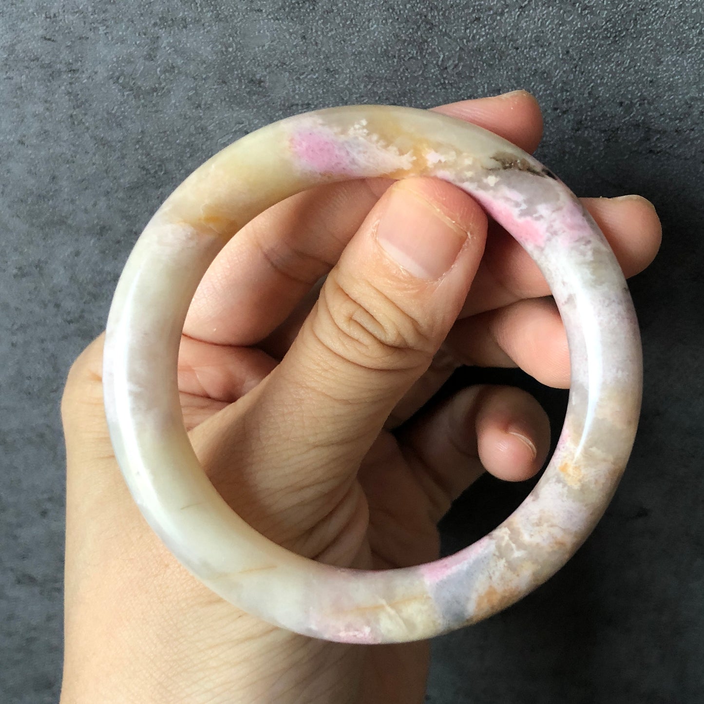 52.8mm Natural Rhodonite Bangle | Ice Queen | Raw Stone Bracelet | Healing Stone Gift for her | Rhodonite Jewelry for Women | Gemstone Gift, white stone bangle, pink stone bangle, raw crystal bangle, love stone jewelry, small size bangle