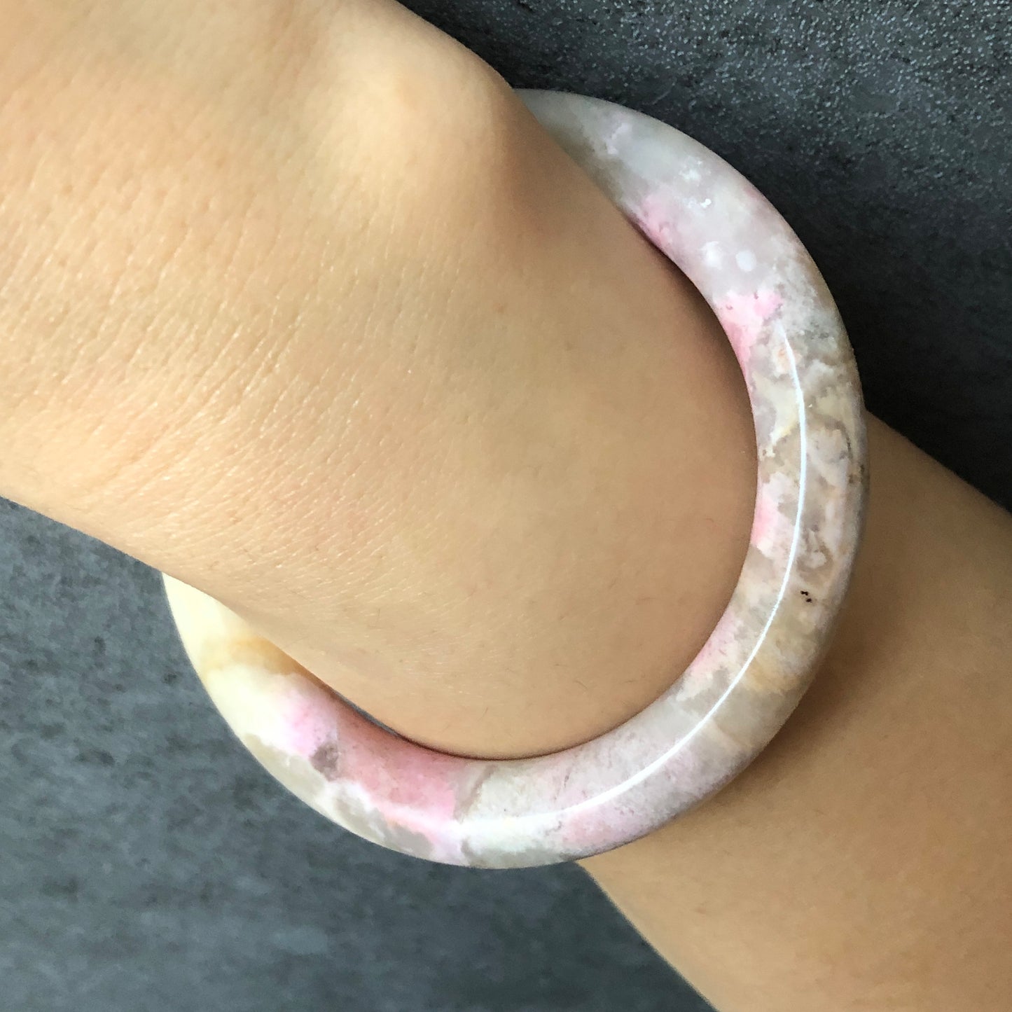 52.8mm Natural Rhodonite Bangle | Ice Queen | Raw Stone Bracelet | Healing Stone Gift for her | Rhodonite Jewelry for Women | Gemstone Gift, white stone bangle, pink stone bangle, raw crystal bangle, love stone jewelry, small size bangle