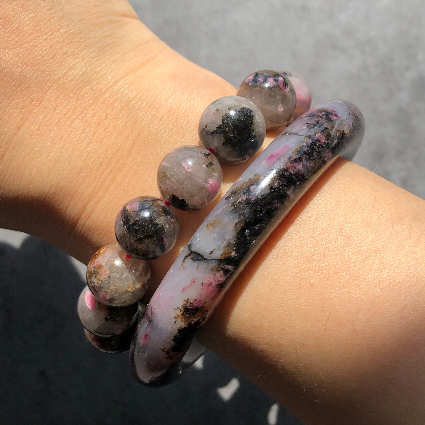 56.7mm Premium Natural Icy Rhodonite Bangle | Two-Faced |Cherry Blossom | Milky Sakura Rain | Danqing | Plum Blossom | Crystal Bangle