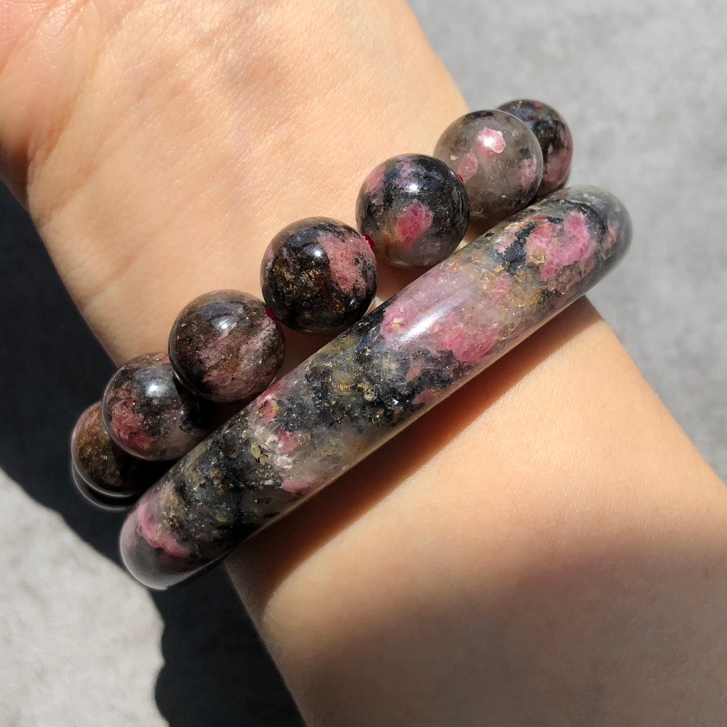 56.6mm Rhodonite Bangle | Night Sakura Rain | Sparky Black & Gold Stone Bangle Crystal Bracelet | Healing Gemstone Jewelry Gift for her