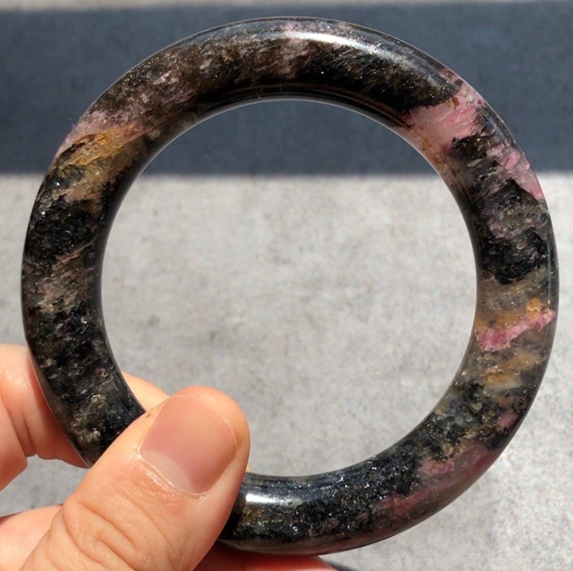 56.6mm Rhodonite Bangle | Night Sakura Rain | Sparky Black & Gold Stone Bangle Crystal Bracelet | Healing Gemstone Jewelry Gift for her