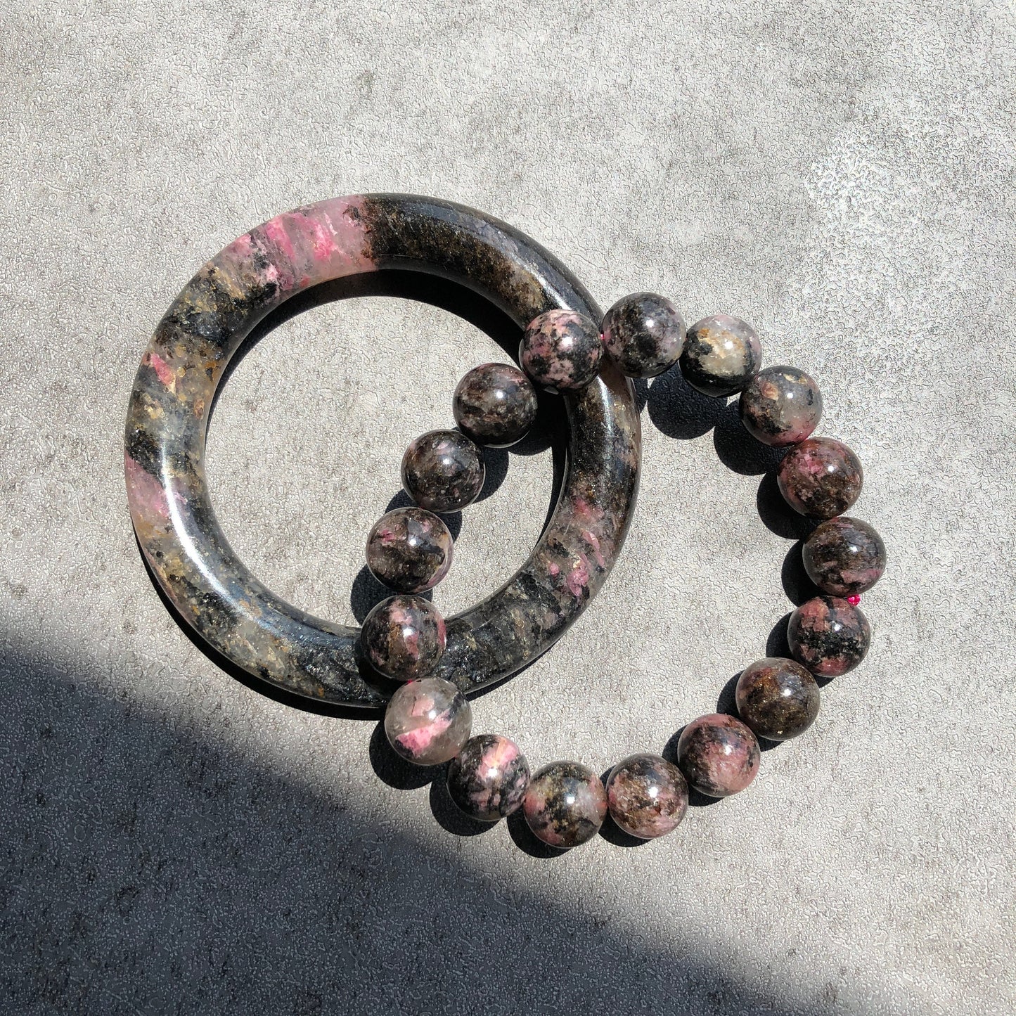 56.6mm Rhodonite Bangle | Night Sakura Rain | Sparky Black & Gold Stone Bangle Crystal Bracelet | Healing Gemstone Jewelry Gift for her