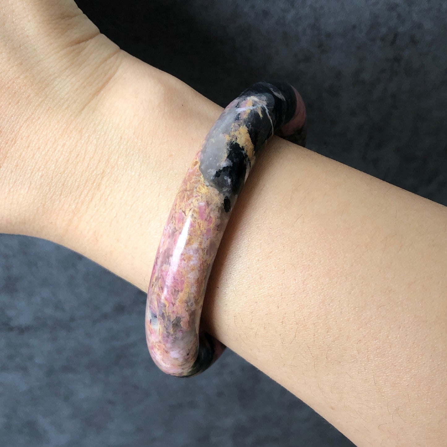 55.4mm Natural Rhodonite Stone Bangle Bracelet | Pink Casino | Pink & Gold with Black Ink | Crystal Gemstone Bangle | Healing Stone For Her