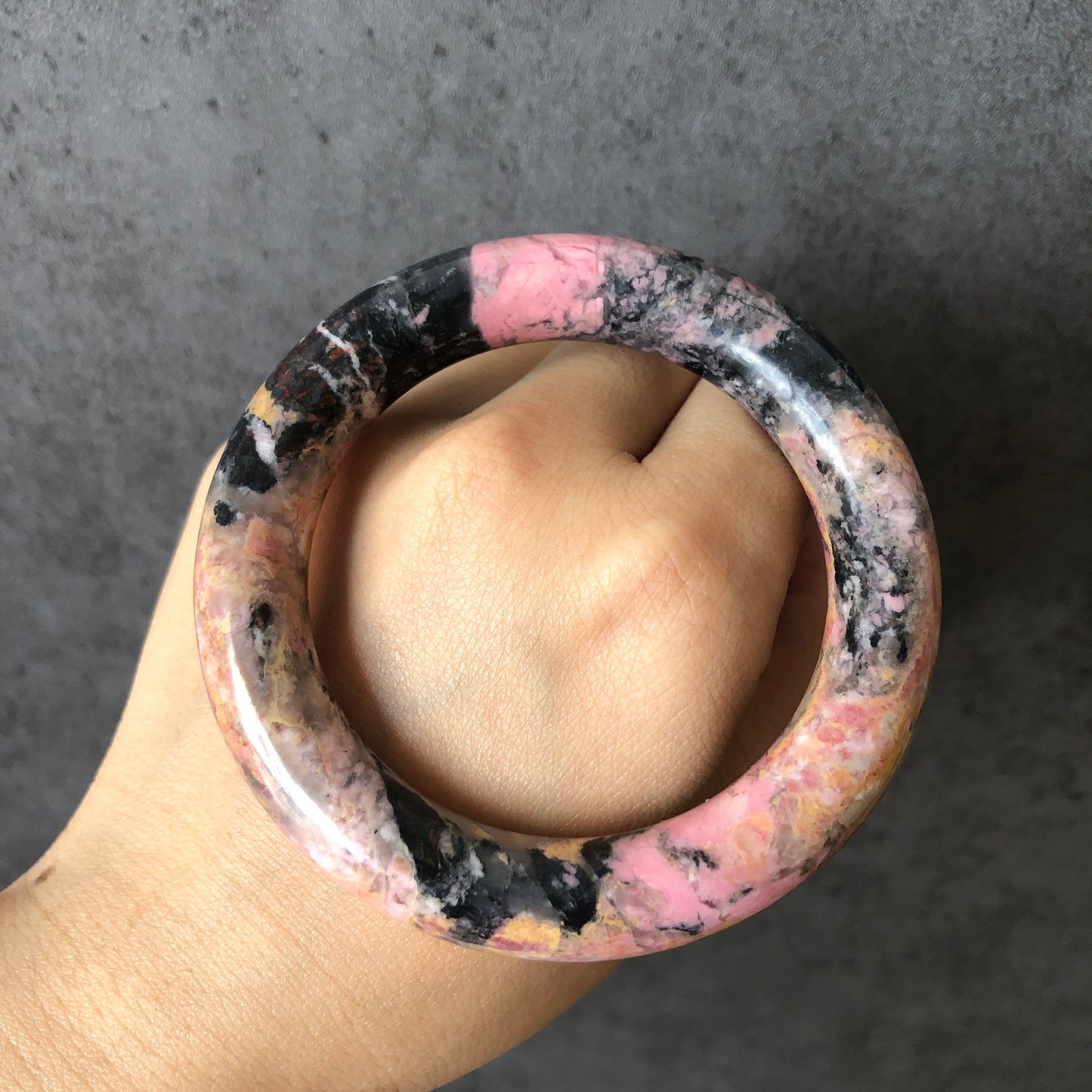 55.4mm Natural Rhodonite Stone Bangle Bracelet | Pink Casino | Pink & Gold with Black Ink | Crystal Gemstone Bangle | Healing Stone For Her