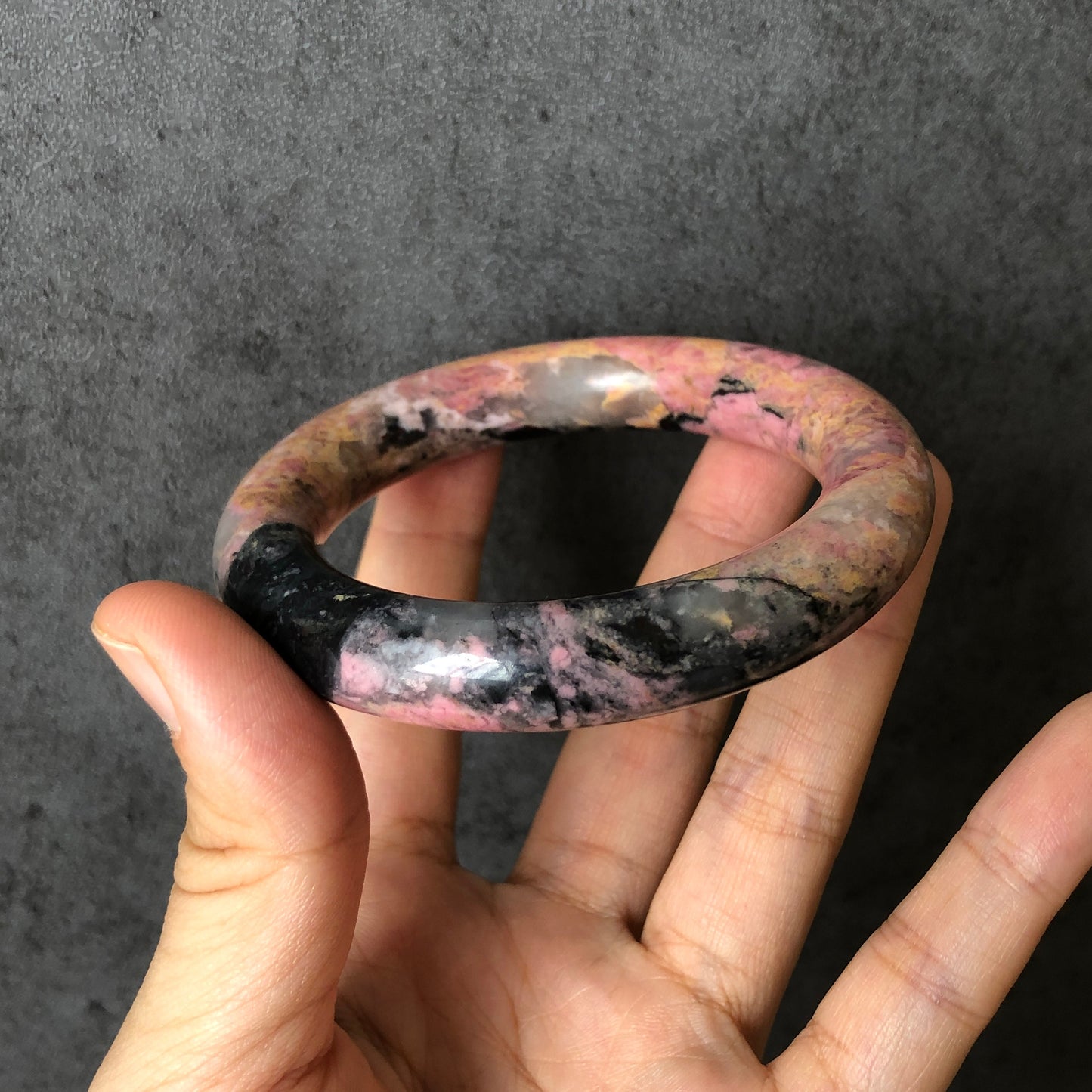55.4mm Natural Rhodonite Stone Bangle Bracelet | Pink Casino | Pink & Gold with Black Ink | Crystal Gemstone Bangle | Healing Stone For Her