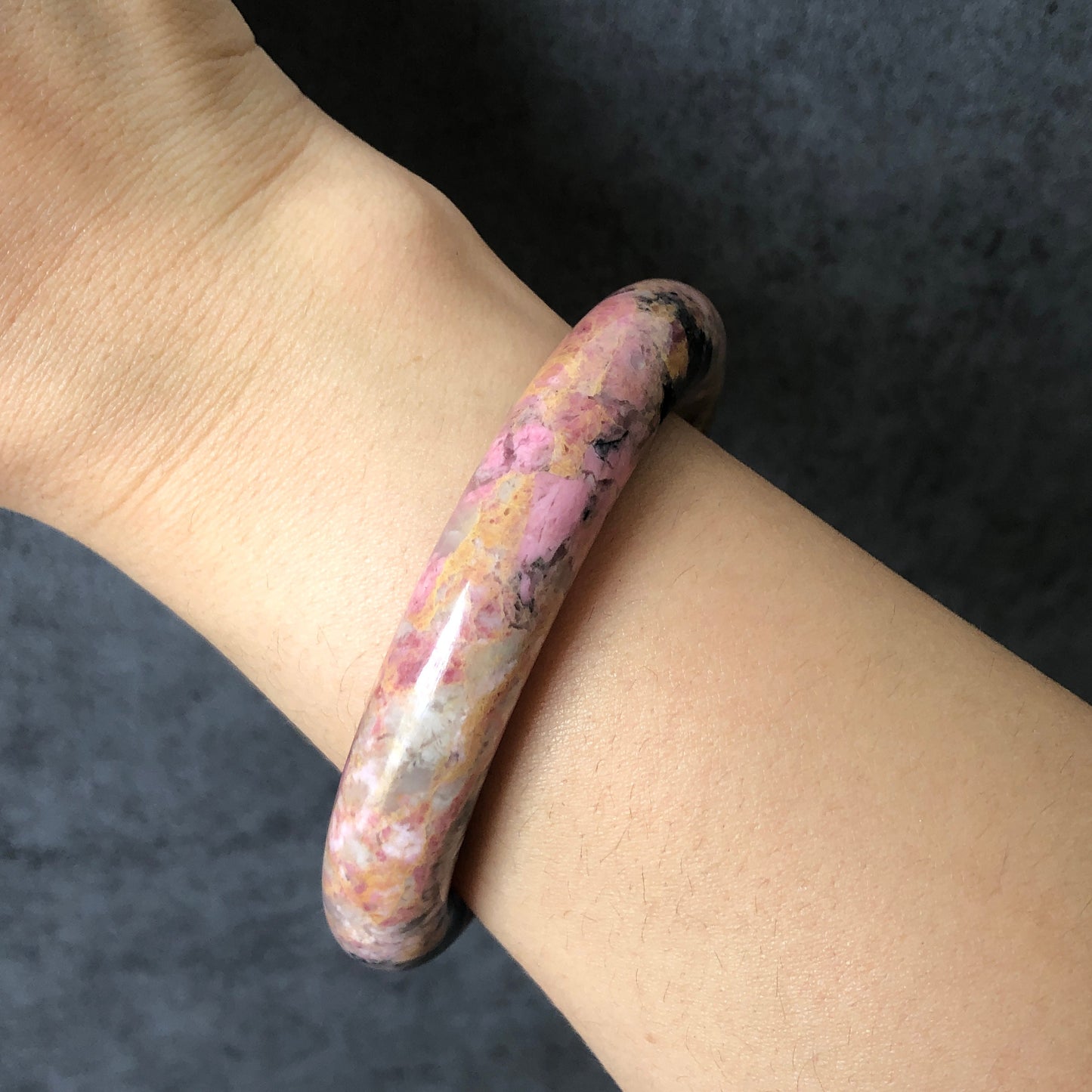 55.4mm Natural Rhodonite Stone Bangle Bracelet | Pink Casino | Pink & Gold with Black Ink | Crystal Gemstone Bangle | Healing Stone For Her