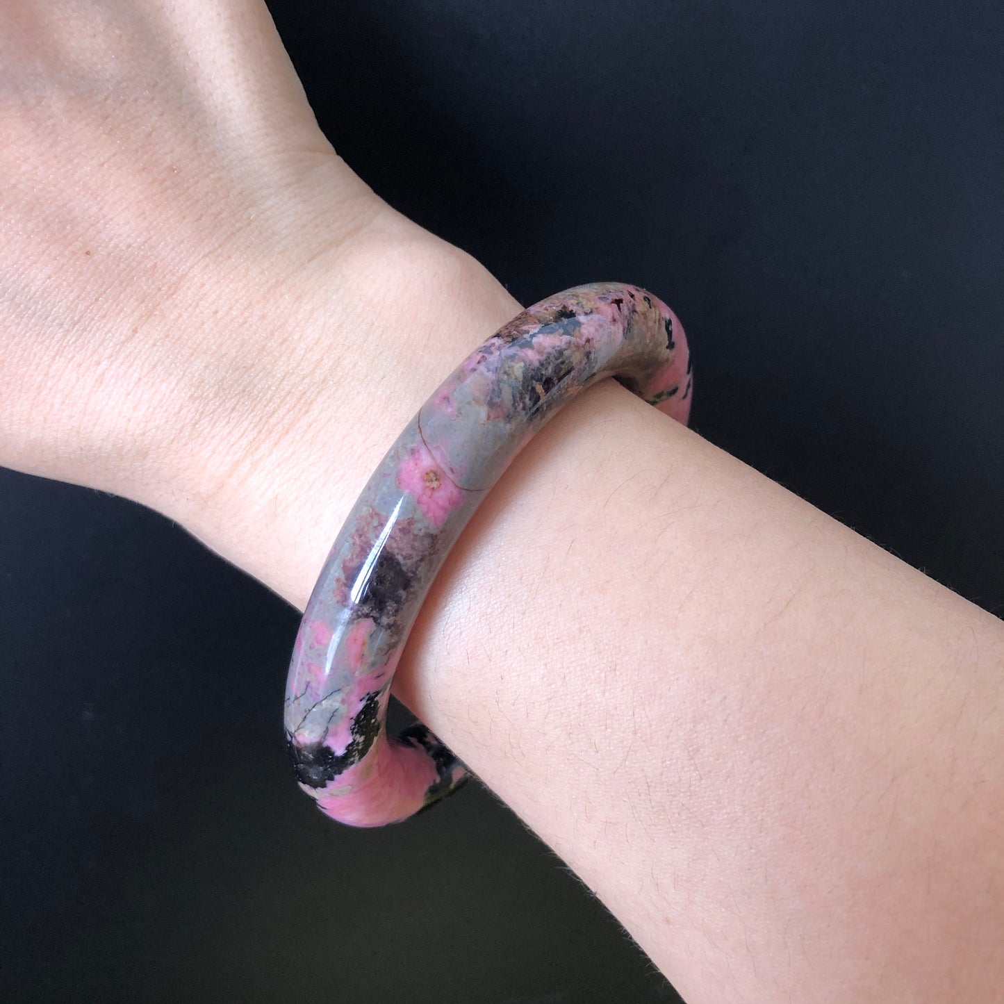 58.1mm Natural Rhodonite Stone Bangle Bracelet | Porcelain Blue, Pink, Black Ink | Pink Crystal Gemstone Bangle | Healing Stone Gift for her, Pink Raw Stone Bangle, Pink Rock Bracelet, Blue Raw Stone Bracelet, Black Stone Bangle for women, LoveStone