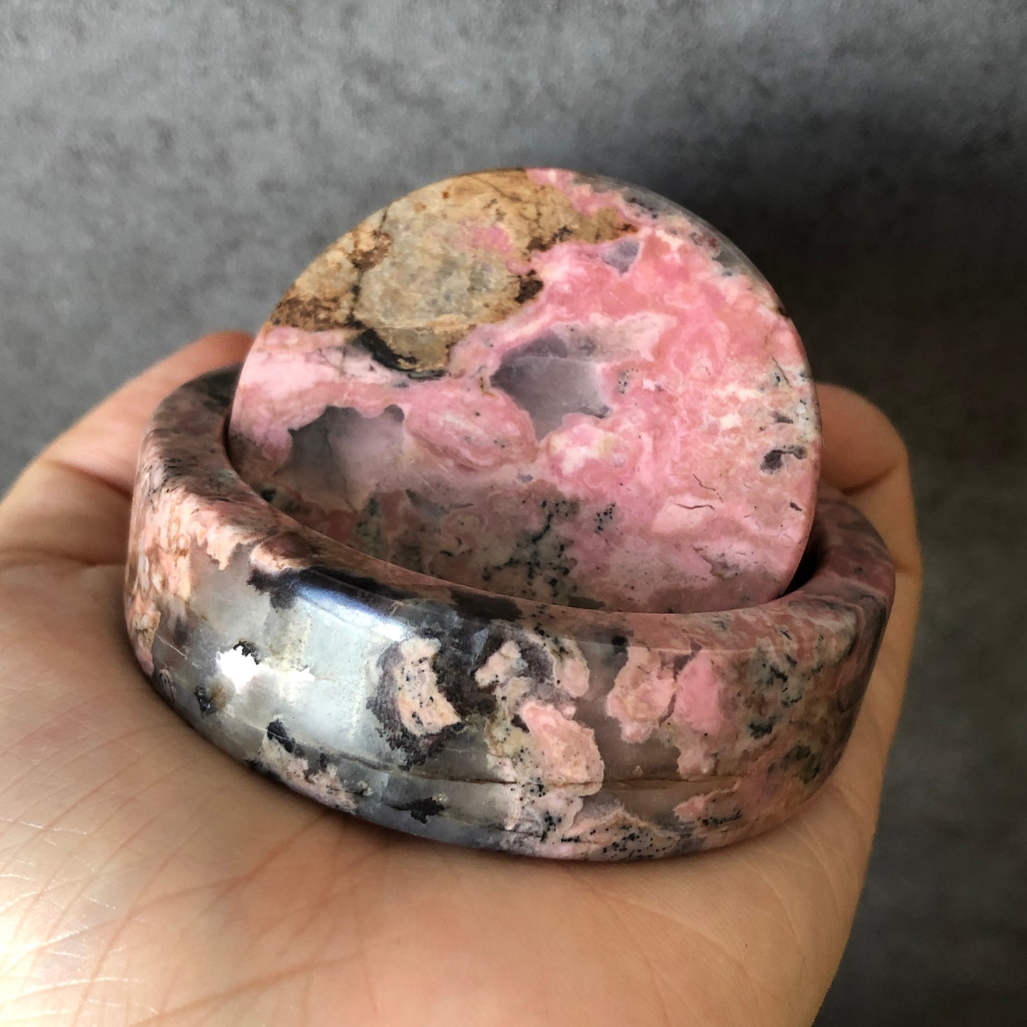 52.3mm Natural Rhodonite Bangle Bracelet Set with Raw Stone Paperweight | Lovers in the Plum Blossom | Crystal Gemstone Bangle | Raw Stone Bracelet, Rhodonite Bracelet, Poetic Scenery bangle, rock bangle, raw gemstone bracelet, gift for lovers