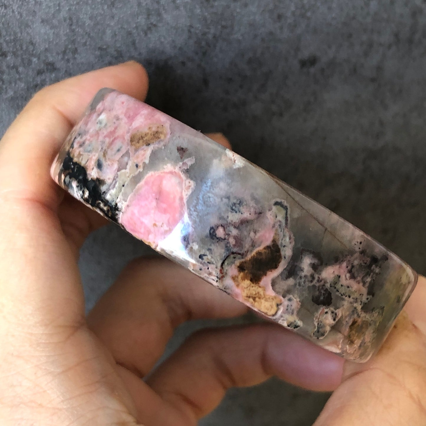 52.3mm Natural Rhodonite Bangle Bracelet Set with Raw Stone Paperweight | Lovers in the Plum Blossom | Crystal Gemstone Bangle | Raw Stone Bracelet, Rhodonite Bracelet, Poetic Scenery bangle, rock bangle, raw gemstone bracelet, gift for lovers
