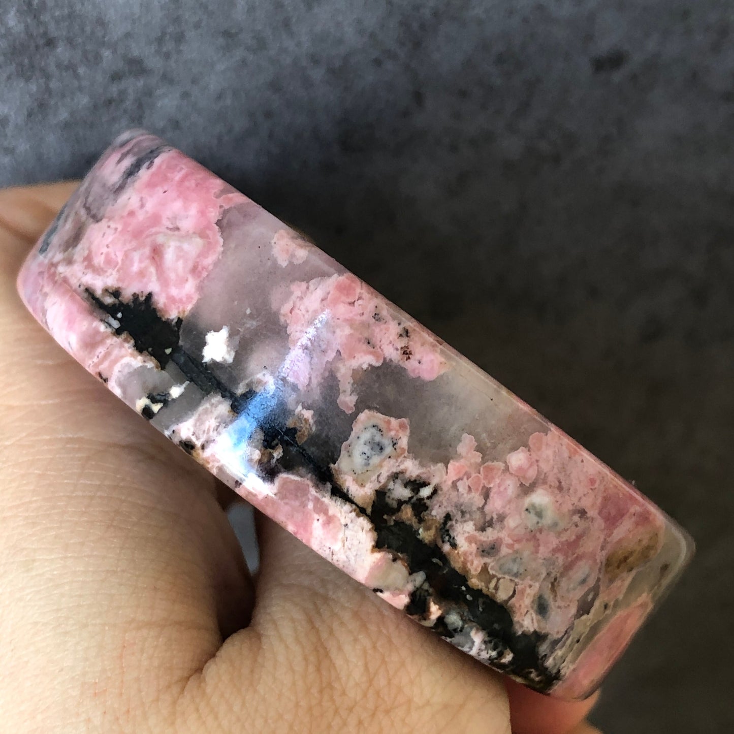 52.3mm Natural Rhodonite Bangle Bracelet Set with Raw Stone Paperweight | Lovers in the Plum Blossom | Crystal Gemstone Bangle | Raw Stone Bracelet, Rhodonite Bracelet, Poetic Scenery bangle, rock bangle, raw gemstone bracelet, gift for lovers