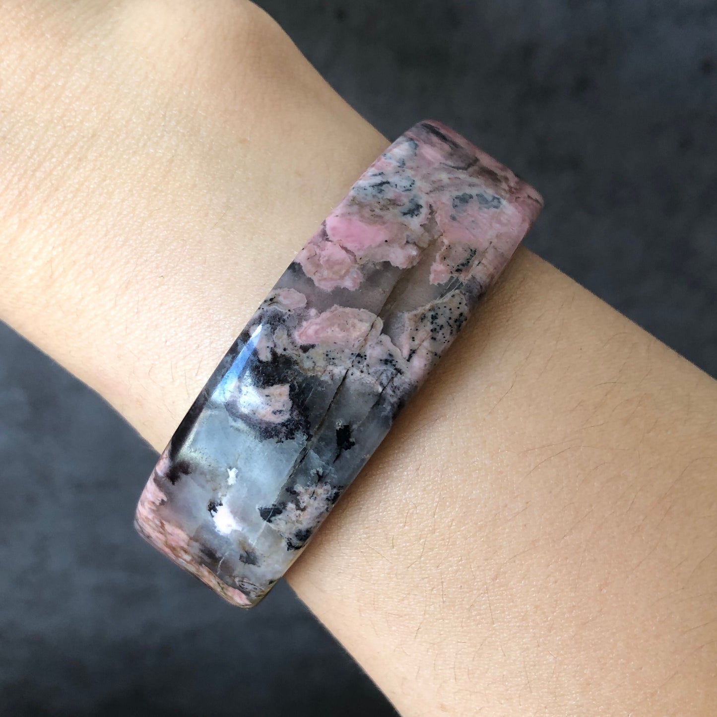 52.3mm Natural Rhodonite Bangle Bracelet Set with Raw Stone Paperweight | Lovers in the Plum Blossom | Crystal Gemstone Bangle | Raw Stone Bracelet, Rhodonite Bracelet, Poetic Scenery bangle, rock bangle, raw gemstone bracelet, gift for lovers