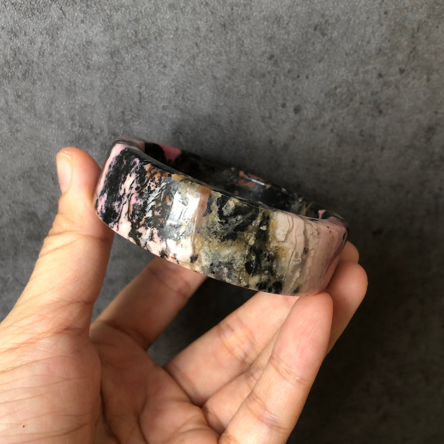 53.4mm High quality Natural Rhodonite Stone Bangle Bracelet Set & Raw Stone Paper Weight | Pink, Green, Black Ink | Crystal Gemstone Bangle