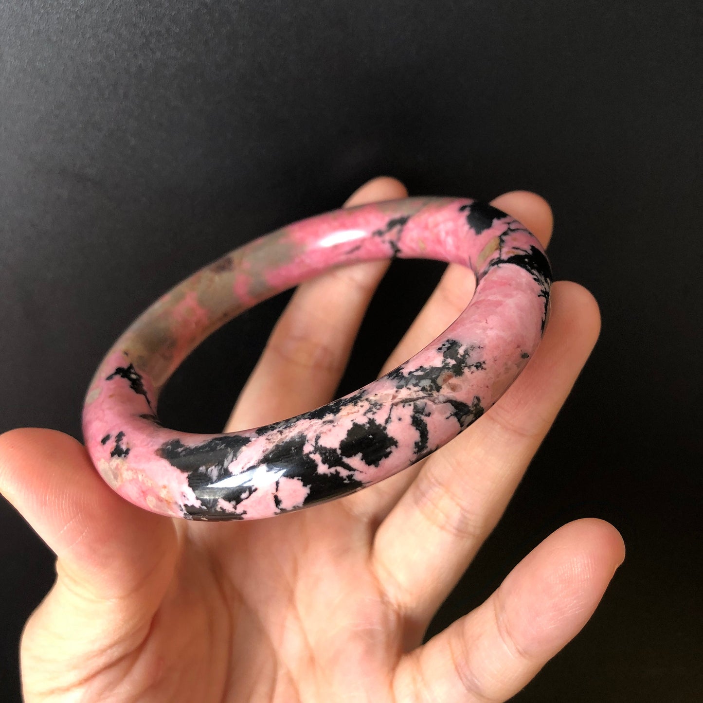 58.1mm Natural Rhodonite Stone Bangle Bracelet | Porcelain Blue, Pink, Black Ink | Pink Crystal Gemstone Bangle | Healing Stone Gift for her, Pink Raw Stone Bangle, Pink Rock Bracelet, Blue Raw Stone Bracelet, Black Stone Bangle for women, LoveStone