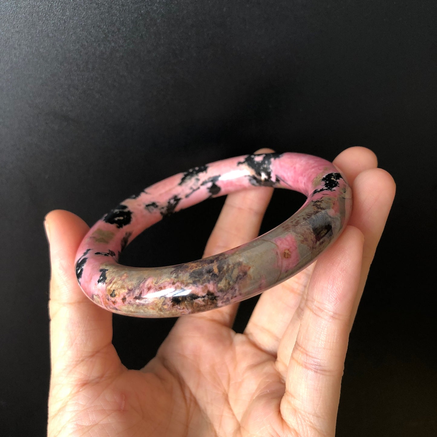 58.1mm Natural Rhodonite Stone Bangle Bracelet | Porcelain Blue, Pink, Black Ink | Pink Crystal Gemstone Bangle | Healing Stone Gift for her, Pink Raw Stone Bangle, Pink Rock Bracelet, Blue Raw Stone Bracelet, Black Stone Bangle for women, LoveStone