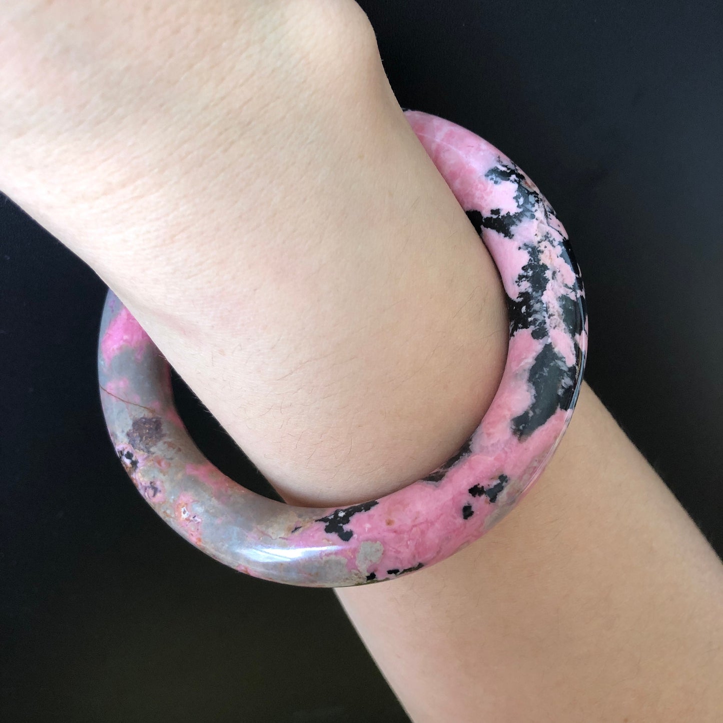 58.1mm Natural Rhodonite Stone Bangle Bracelet | Porcelain Blue, Pink, Black Ink | Pink Crystal Gemstone Bangle | Healing Stone Gift for her, Pink Raw Stone Bangle, Pink Rock Bracelet, Blue Raw Stone Bracelet, Black Stone Bangle for women, LoveStone