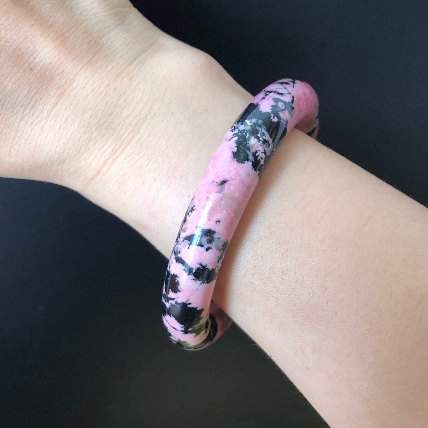 58.1mm Natural Rhodonite Stone Bangle Bracelet | Porcelain Blue, Pink, Black Ink | Pink Crystal Gemstone Bangle | Healing Stone Gift for her, Pink Raw Stone Bangle, Pink Rock Bracelet, Blue Raw Stone Bracelet, Black Stone Bangle for women, LoveStone