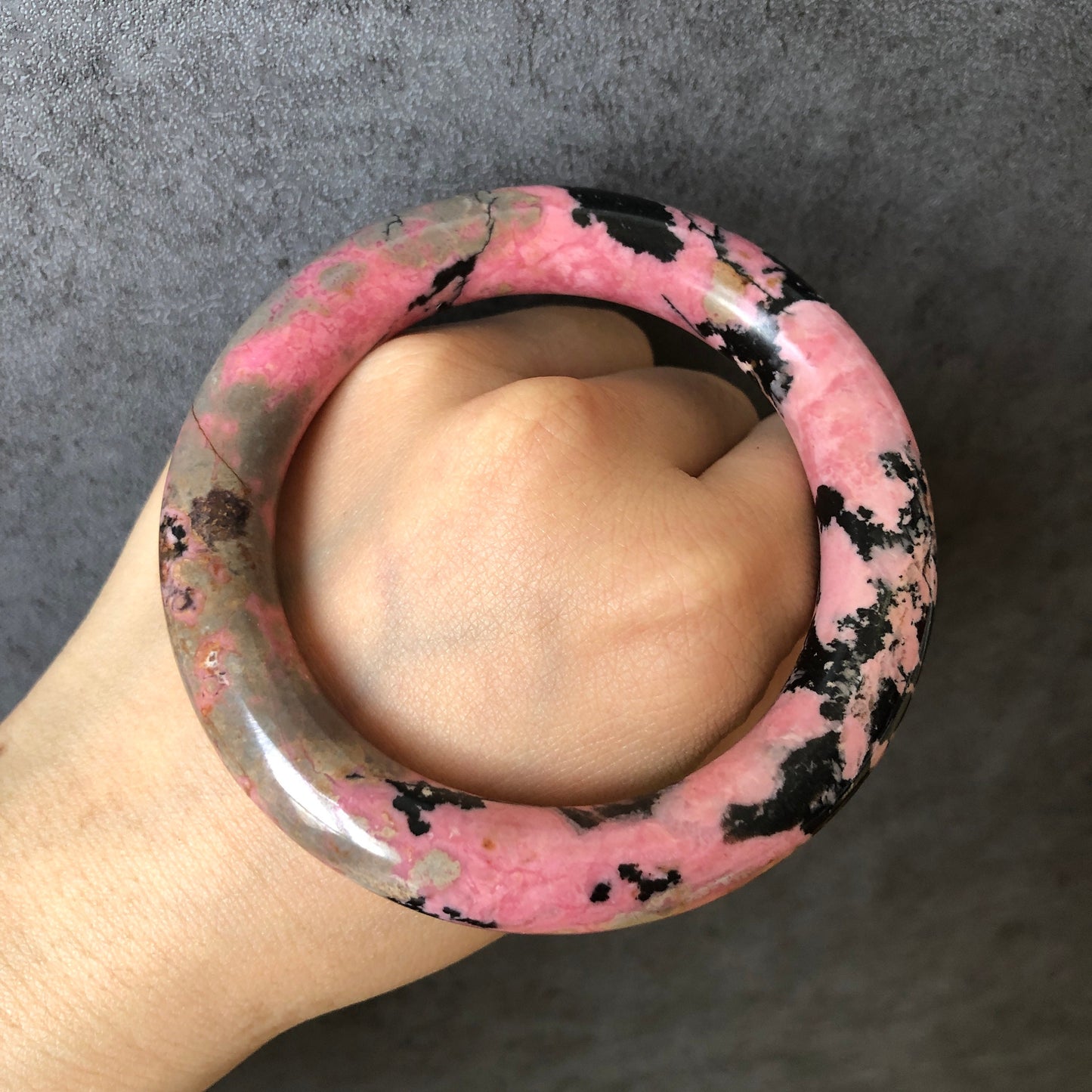 58.1mm Natural Rhodonite Stone Bangle Bracelet | Porcelain Blue, Pink, Black Ink | Pink Crystal Gemstone Bangle | Healing Stone Gift for her, Pink Raw Stone Bangle, Pink Rock Bracelet, Blue Raw Stone Bracelet, Black Stone Bangle for women, LoveStone