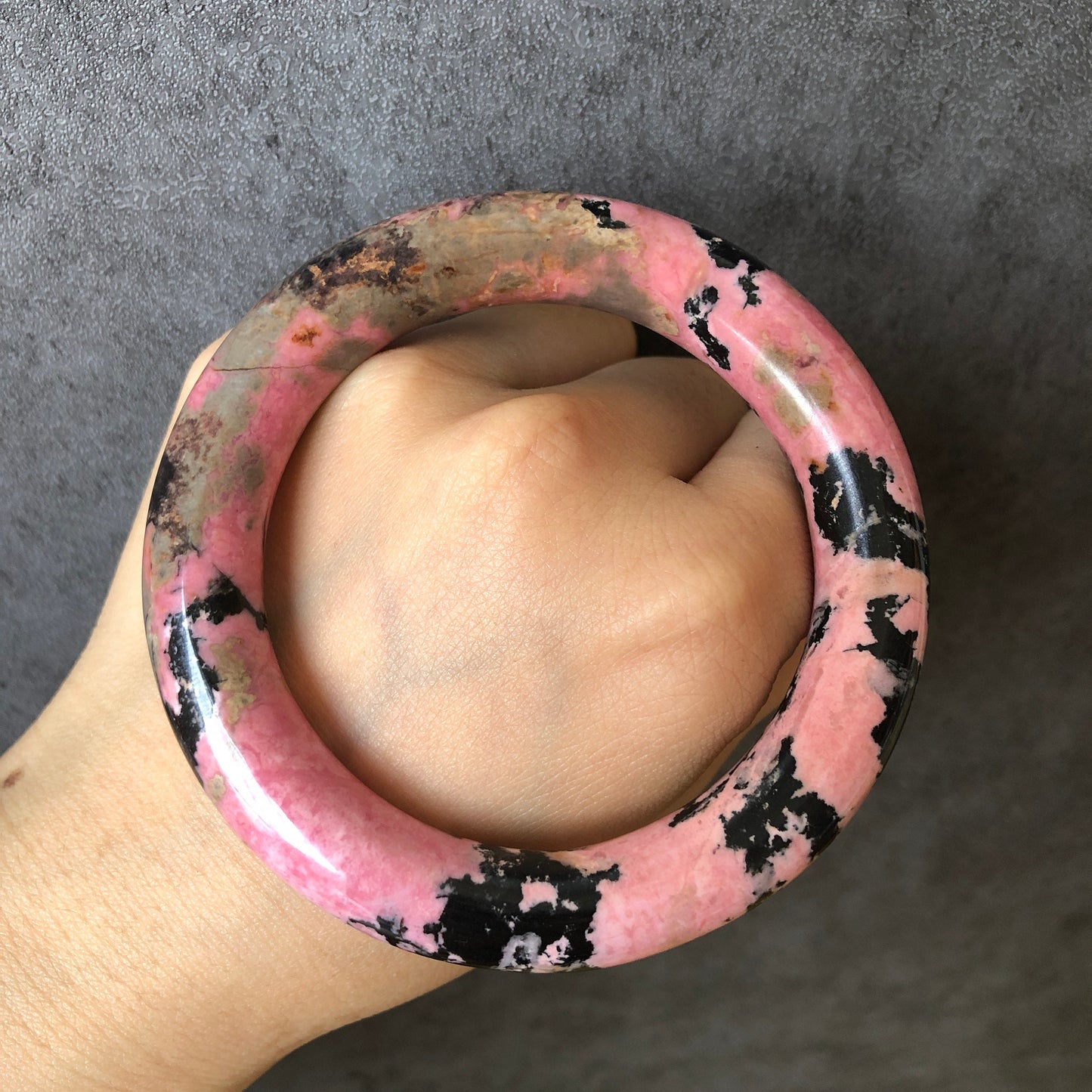 58.1mm Natural Rhodonite Stone Bangle Bracelet | Porcelain Blue, Pink, Black Ink | Pink Crystal Gemstone Bangle | Healing Stone Gift for her, Pink Raw Stone Bangle, Pink Rock Bracelet, Blue Raw Stone Bracelet, Black Stone Bangle for women, LoveStone