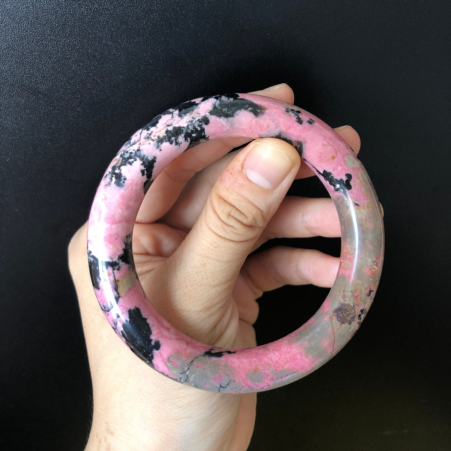 58.1mm Natural Rhodonite Stone Bangle Bracelet | Porcelain Blue, Pink, Black Ink | Pink Crystal Gemstone Bangle | Healing Stone Gift for her, Pink Raw Stone Bangle, Pink Rock Bracelet, Blue Raw Stone Bracelet, Black Stone Bangle for women, LoveStone