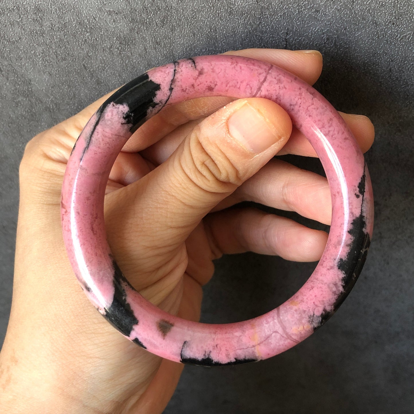 57mm High quality Natural Rhodonite Bangle Bracelet | Pink Granules with Black Ink | Icy and Translucent | Cool & Sweet | 57mm | No.134