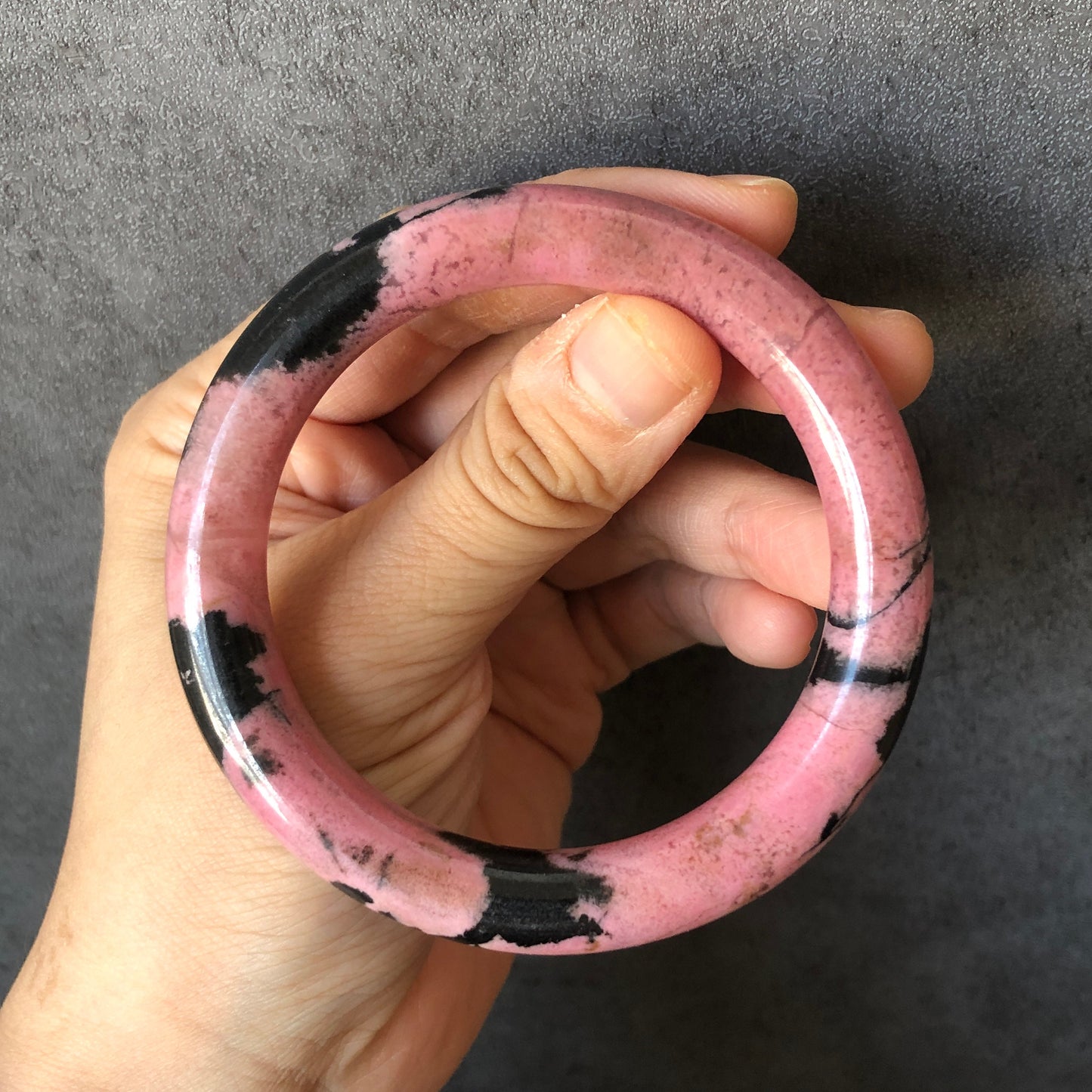 57mm High quality Natural Rhodonite Bangle Bracelet | Pink Granules with Black Ink | Icy and Translucent | Cool & Sweet | 57mm | No.134