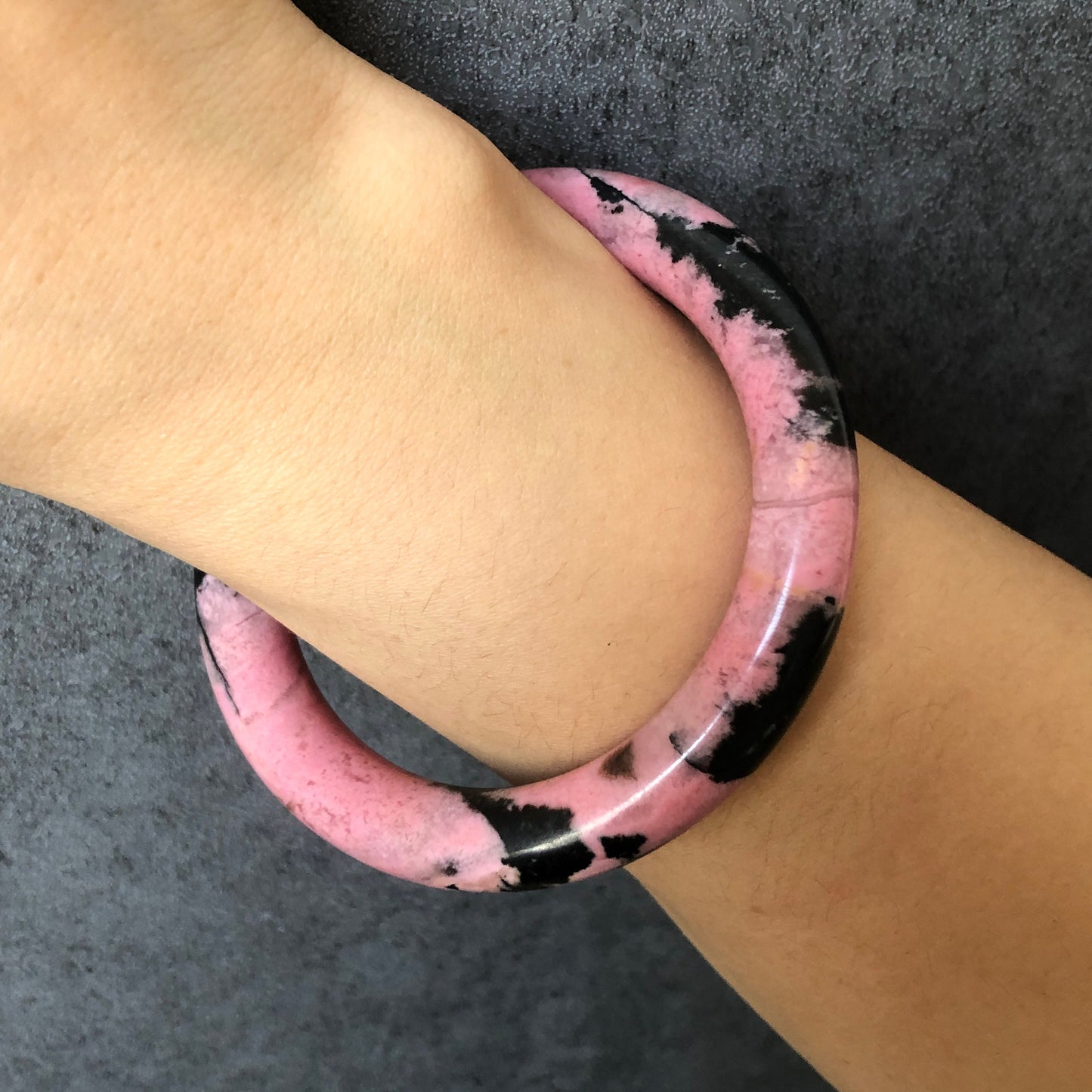 57mm High quality Natural Rhodonite Bangle Bracelet | Pink Granules with Black Ink | Icy and Translucent | Cool & Sweet | 57mm | No.134