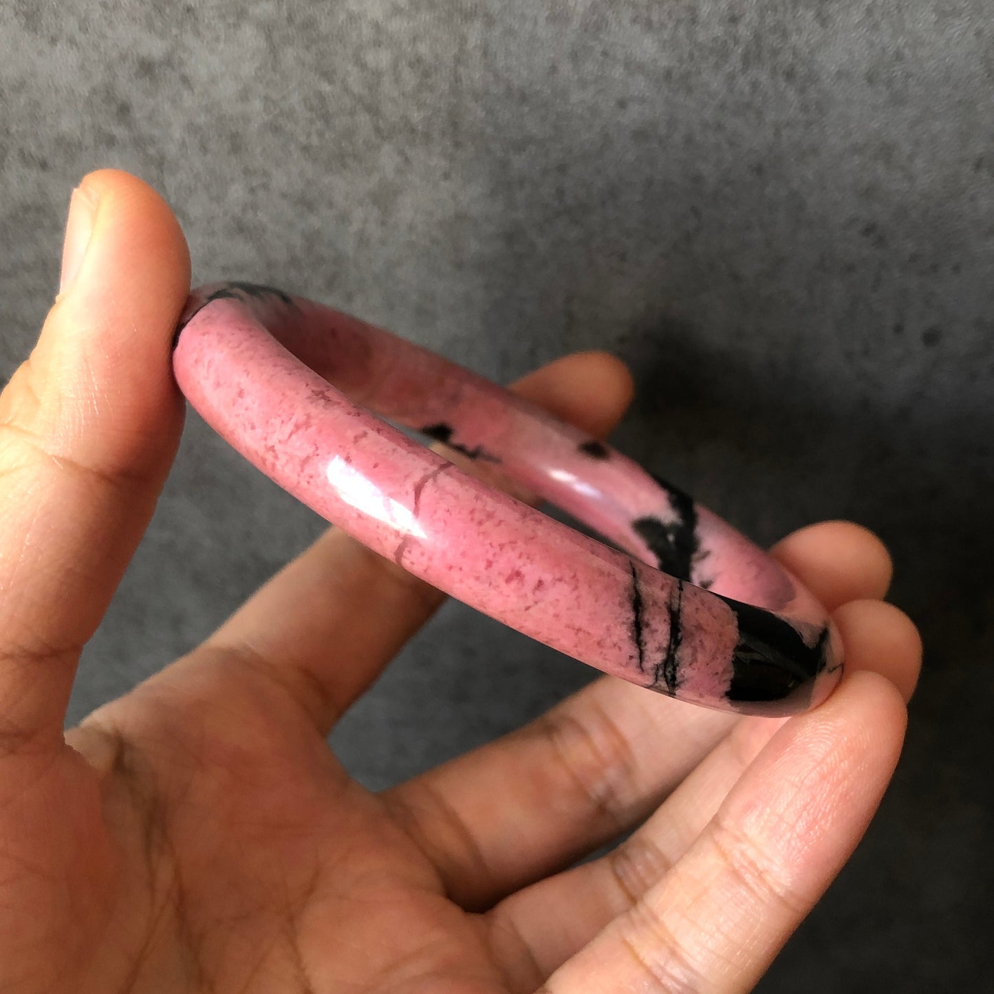 57mm High quality Natural Rhodonite Bangle Bracelet | Pink Granules with Black Ink | Icy and Translucent | Cool & Sweet | 57mm | No.134