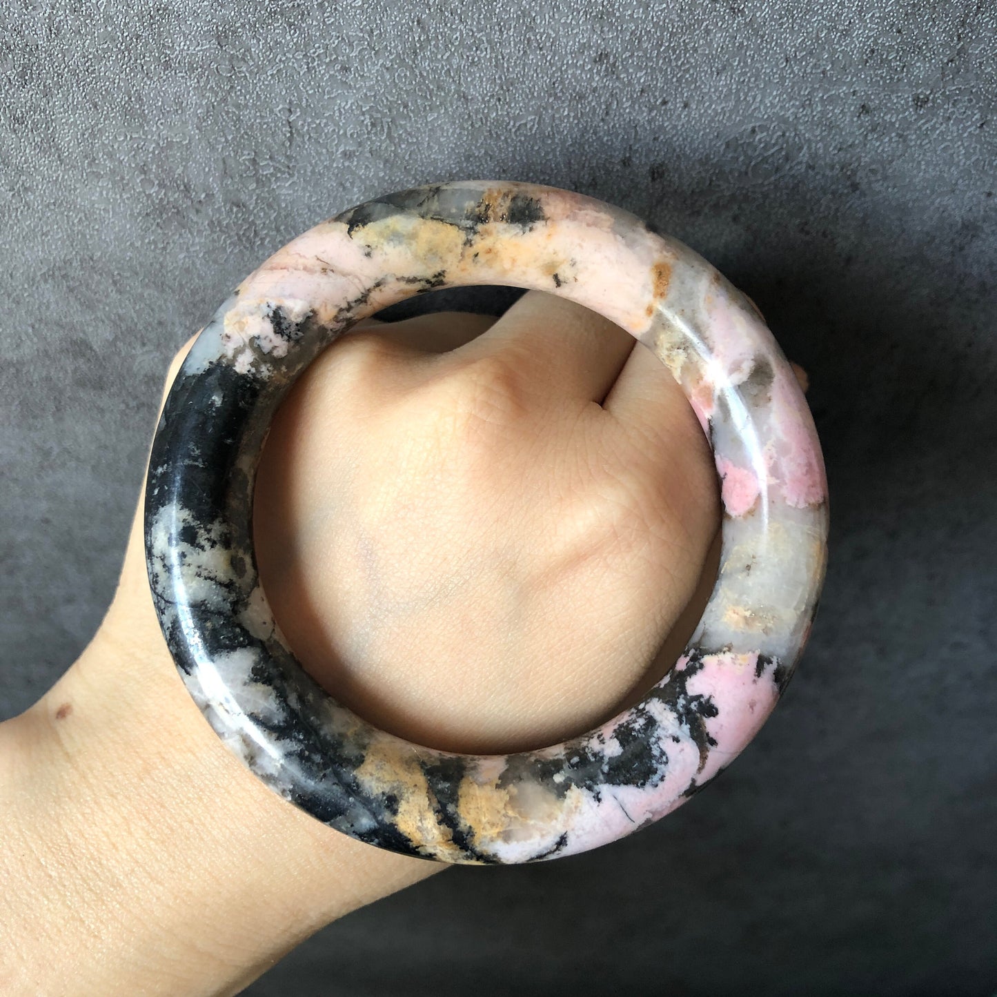 58.1mm High Quality Natural Rhodonite Bangle Bracelet | Snow Flurry | Black Ink with Milky Pink | Cool & Stylish | Crystal Bangle