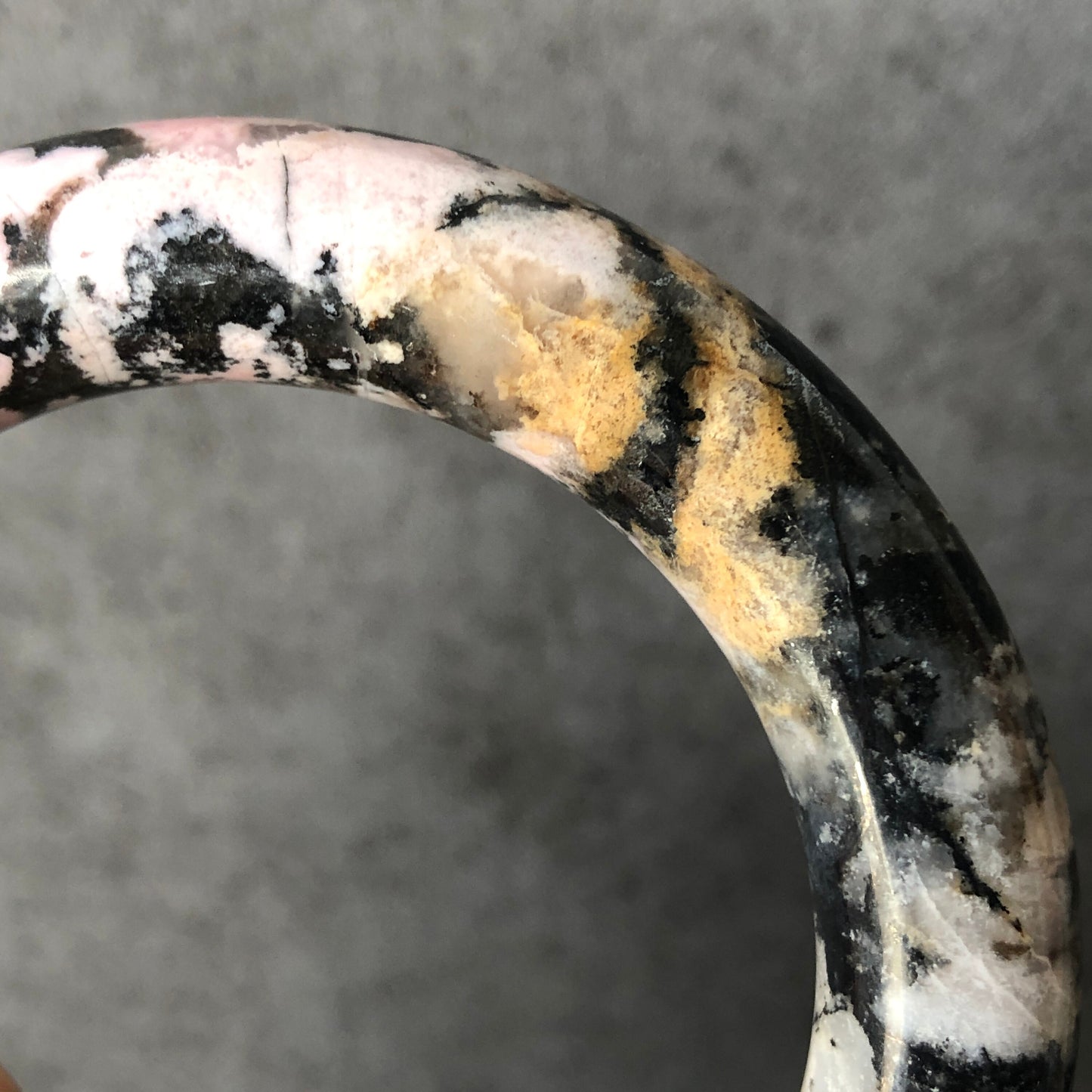 58.1mm High Quality Natural Rhodonite Bangle Bracelet | Snow Flurry | Black Ink with Milky Pink | Cool & Stylish | Crystal Bangle