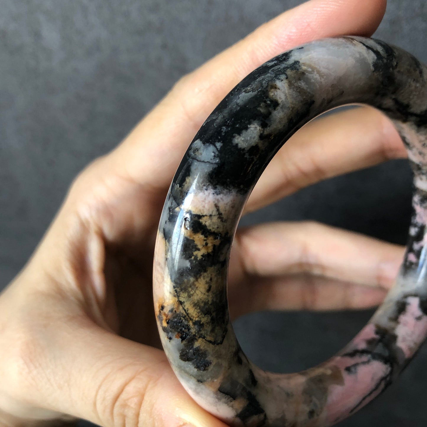 58.1mm High Quality Natural Rhodonite Bangle Bracelet | Snow Flurry | Black Ink with Milky Pink | Cool & Stylish | Crystal Bangle