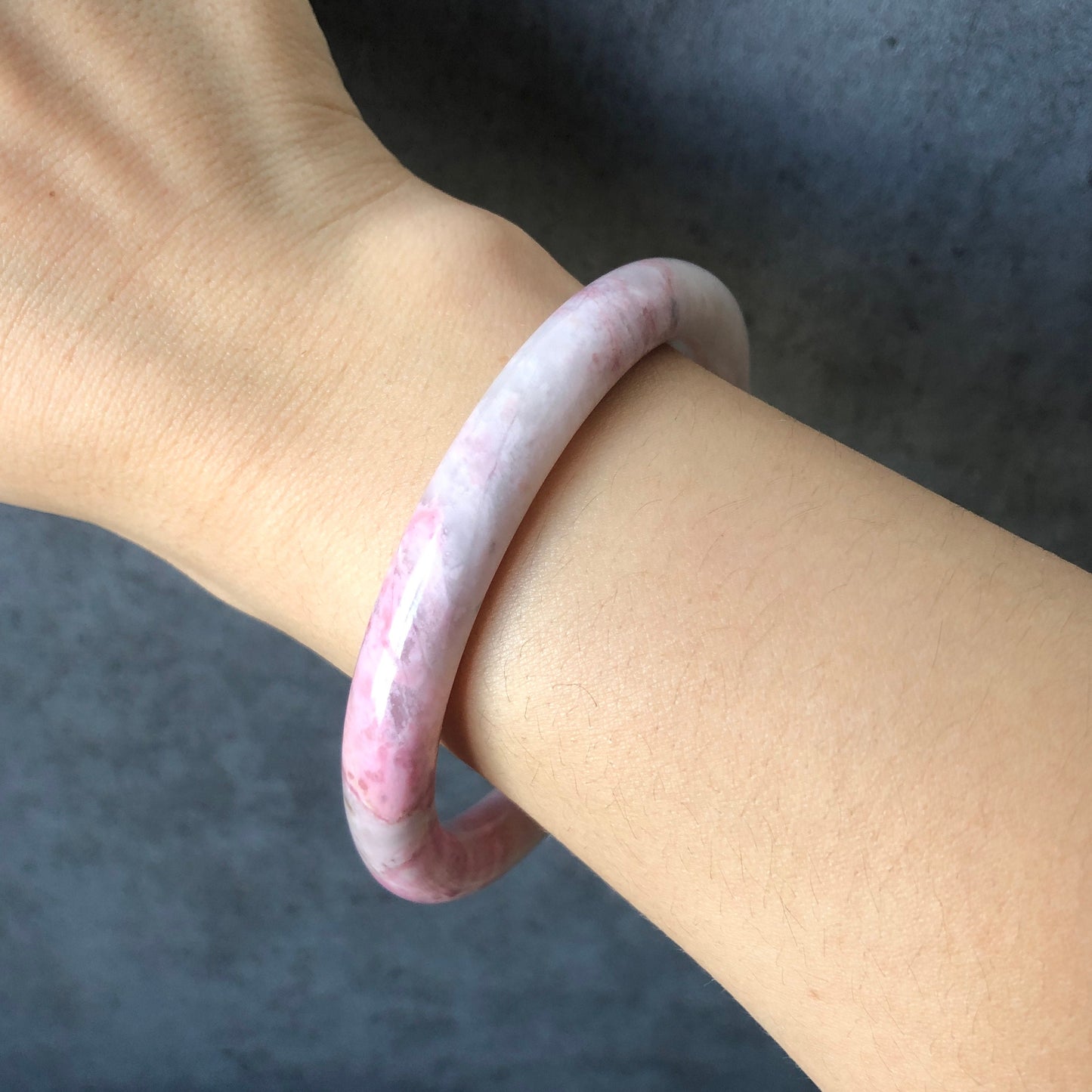 61.4mm Premium Rare Find Rhodonite Stone Bangle Bracelet | The Snowy | Milky White Pink | Crystal Gemstone Bangle | Healing Stone for Women, pink raw stone bangle, pink rock bracelet, white gemstone bangle, love stone gift for her, rhodonite jewelry