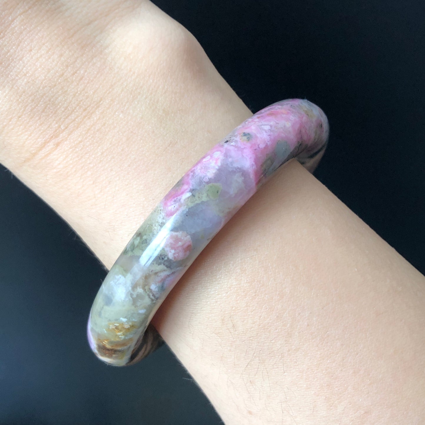 53.9mm Natural Rhodonite Stone Bangle Bracelet | Green, Pink & Porcelain Blue | Rock Concert in Fairyland | Healing Crystal Gemstone Gift