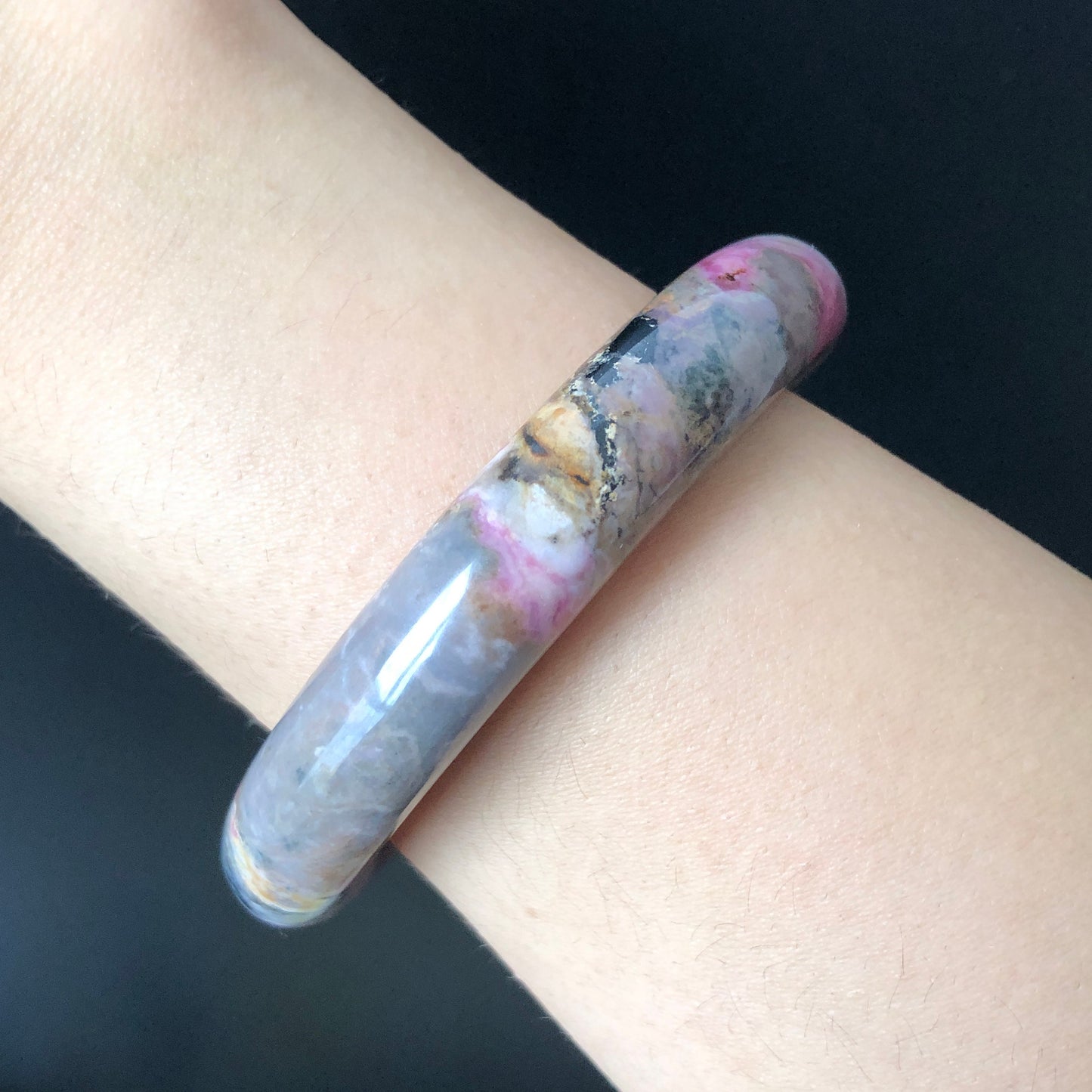53.9mm Natural Rhodonite Stone Bangle Bracelet | Green, Pink & Porcelain Blue | Rock Concert in Fairyland | Healing Crystal Gemstone Gift