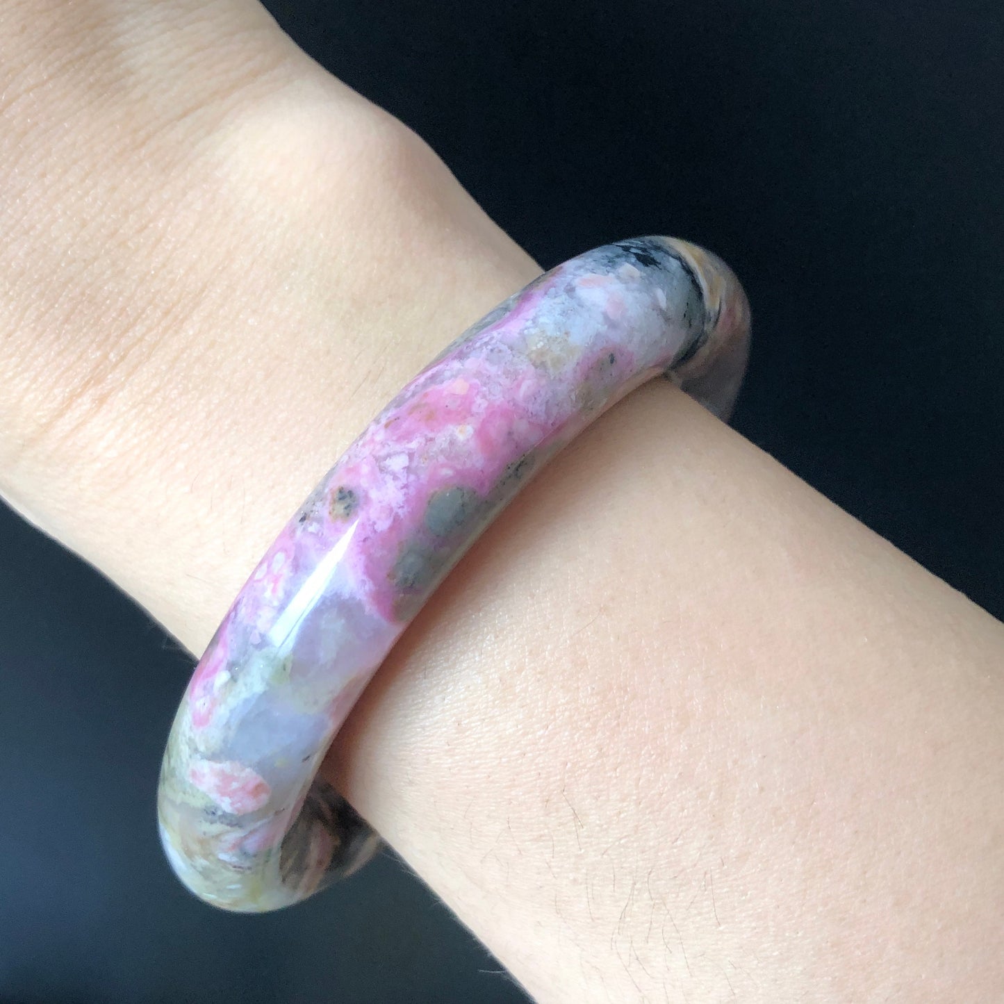53.9mm Natural Rhodonite Stone Bangle Bracelet | Green, Pink & Porcelain Blue | Rock Concert in Fairyland | Healing Crystal Gemstone Gift