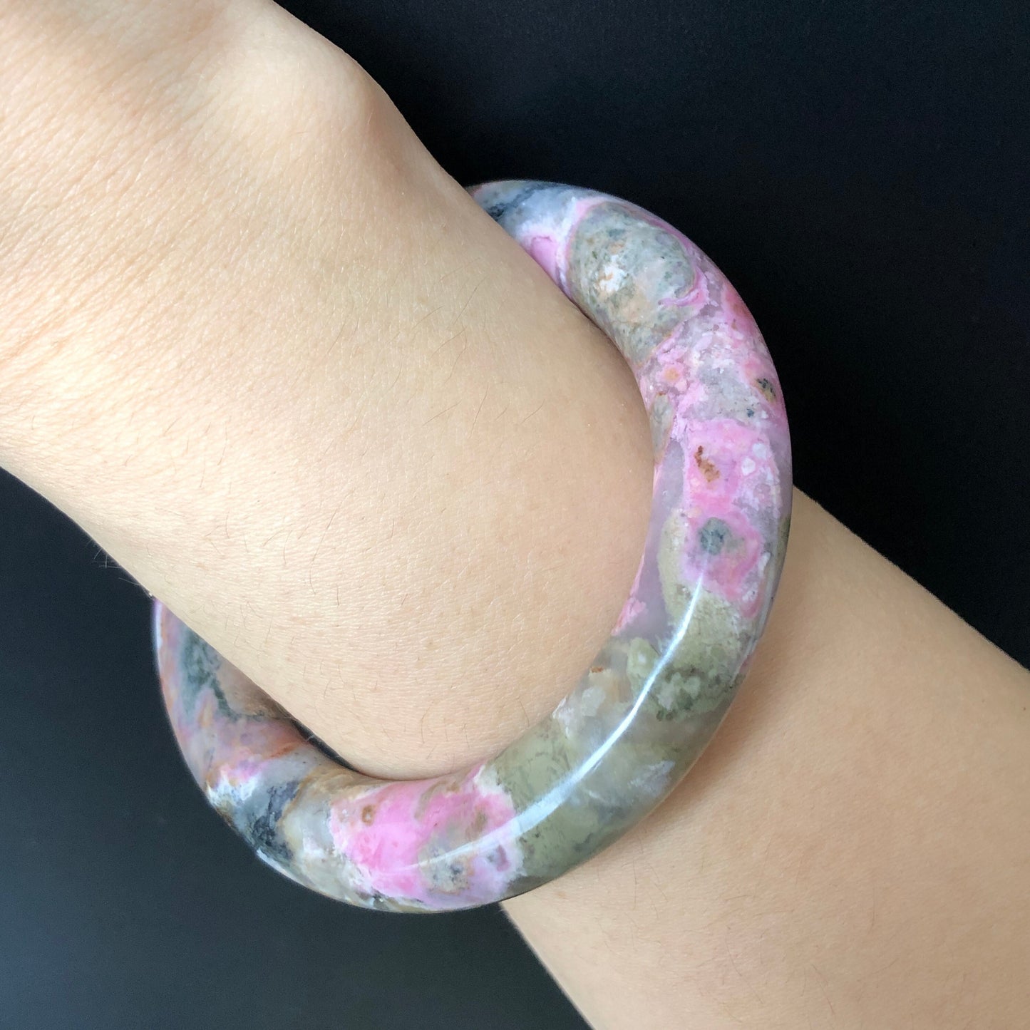 53.9mm Natural Rhodonite Stone Bangle Bracelet | Green, Pink & Porcelain Blue | Rock Concert in Fairyland | Healing Crystal Gemstone Gift