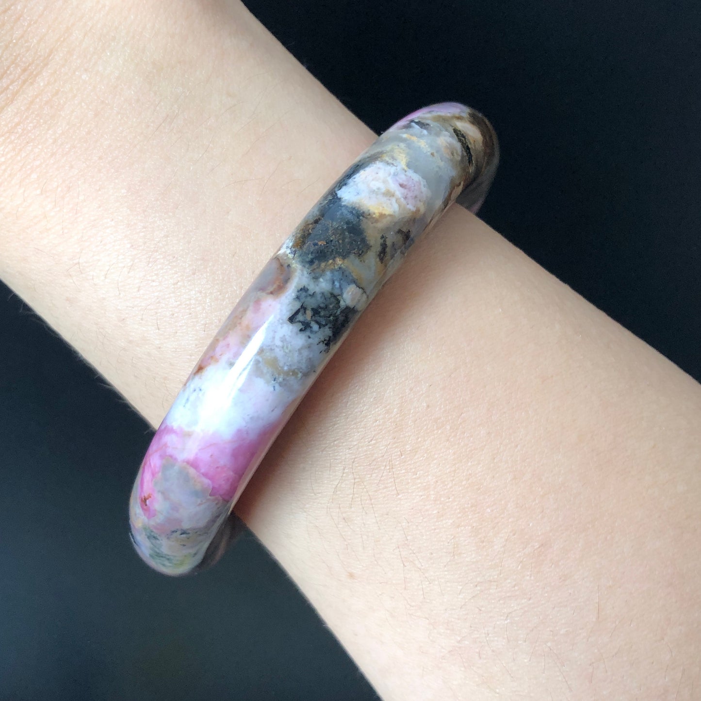 53.9mm Natural Rhodonite Stone Bangle Bracelet | Green, Pink & Porcelain Blue | Rock Concert in Fairyland | Healing Crystal Gemstone Gift