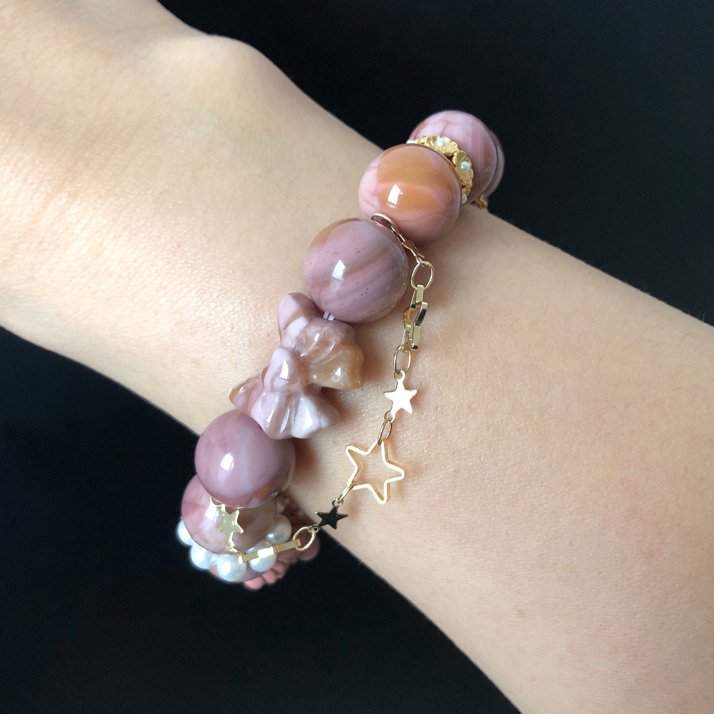Alashan Agate Sailor Moon & Sailor Mars handmade Carved Charm Dangler Bead Bracelet | Dried Rose | Gemstone Jewellery | DIY Crystal gift