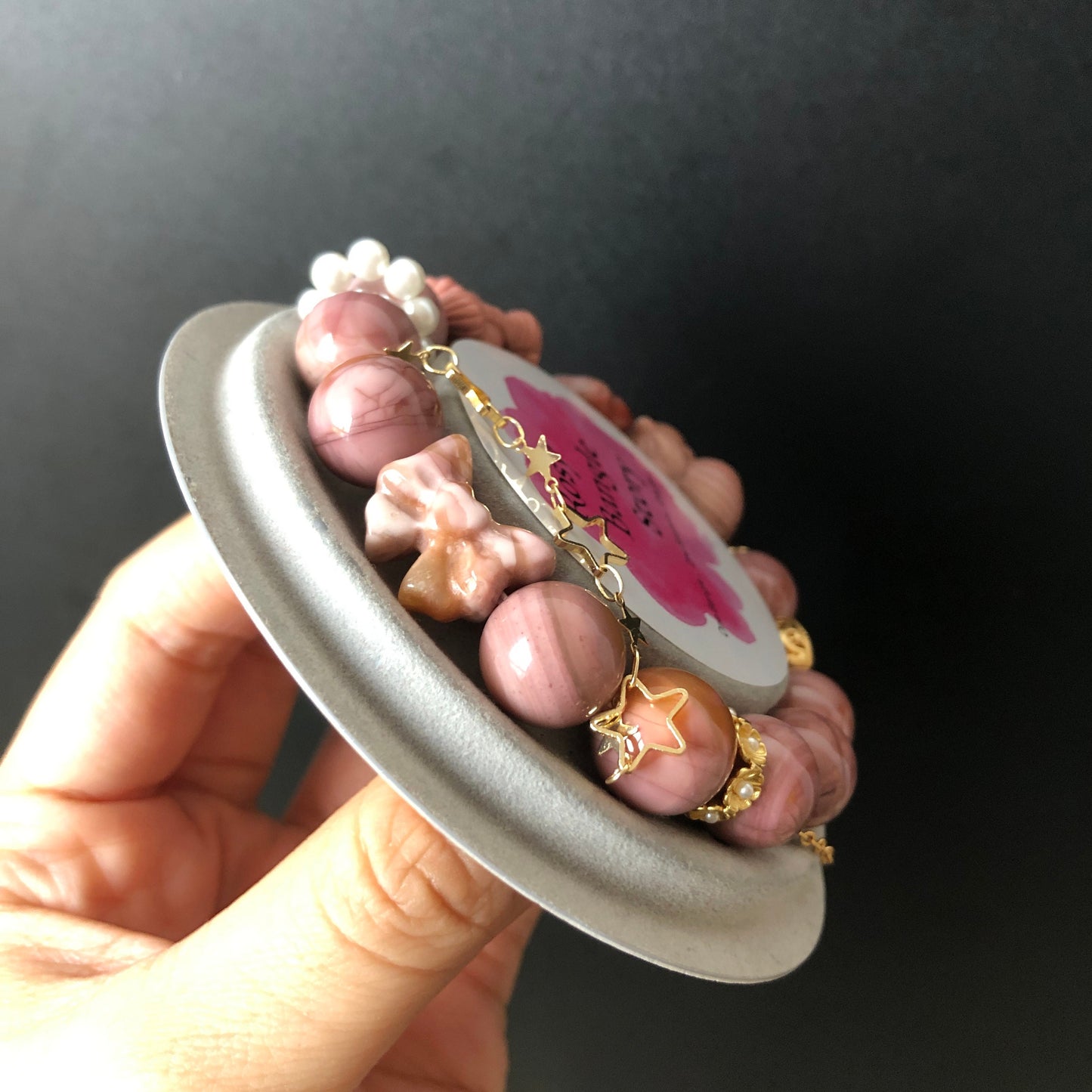 Alashan Agate Sailor Moon & Sailor Mars handmade Carved Charm Dangler Bead Bracelet | Dried Rose | Gemstone Jewellery | DIY Crystal gift