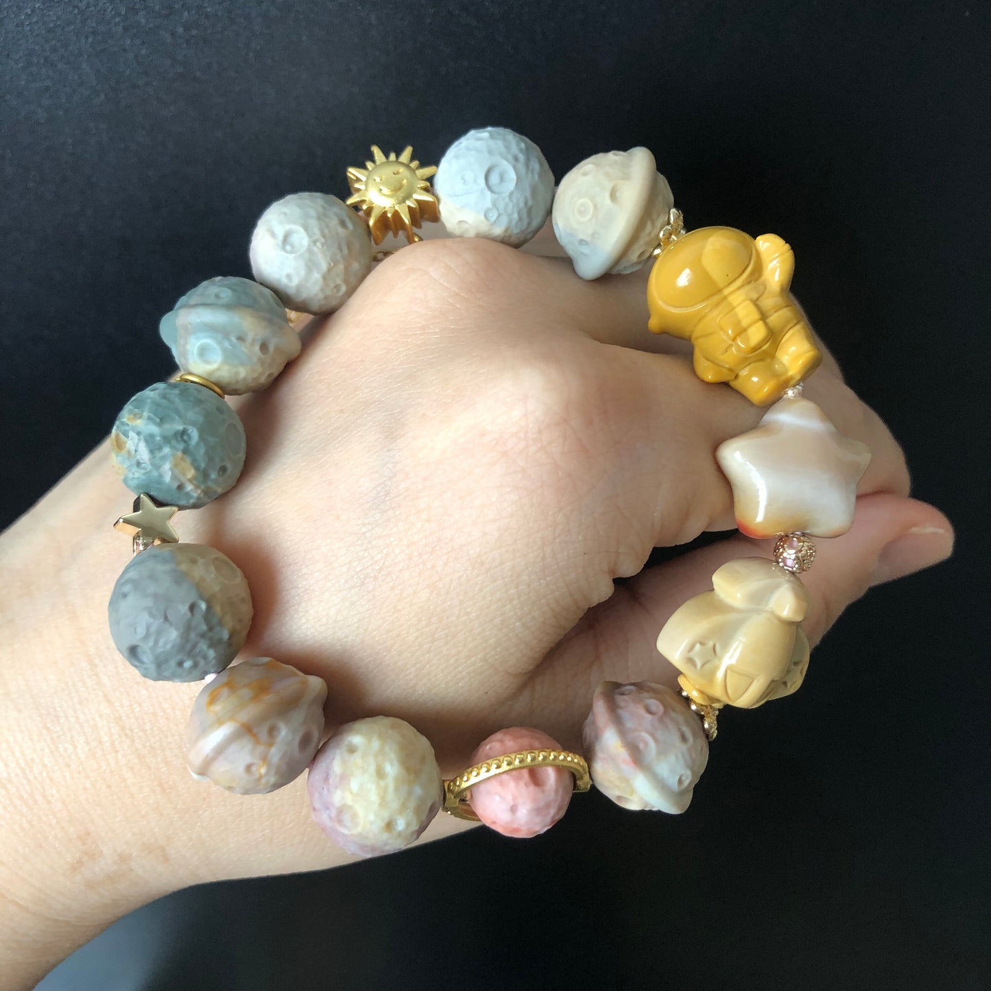 Alashan Agate astronaut with Planet, Meteorite, Star and Plane carved Charm Bead Bracelet | Swirl Pattern | Crystal Gemstone DIY Bracelet