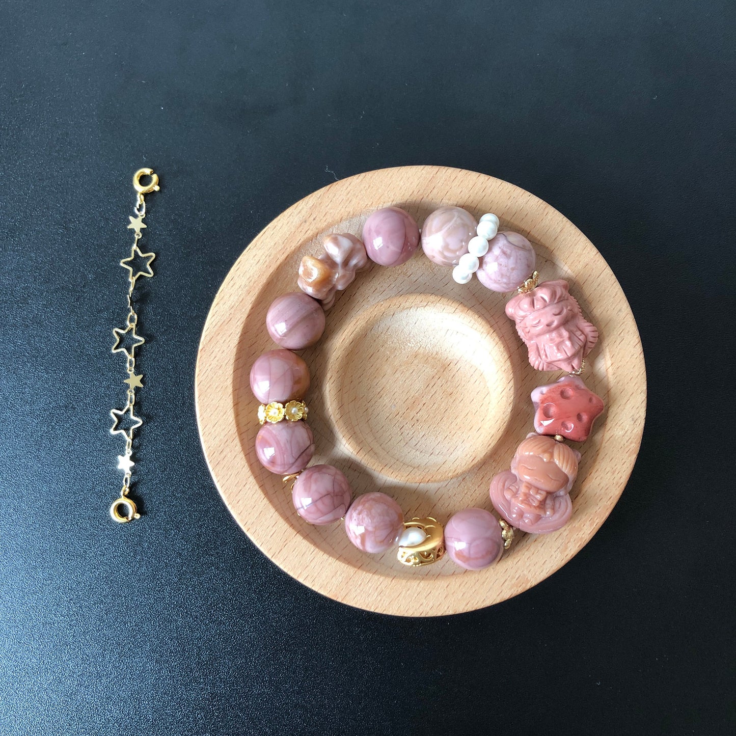 Alashan Agate Sailor Moon & Sailor Mars handmade Carved Charm Dangler Bead Bracelet | Dried Rose | Gemstone Jewellery | DIY Crystal gift